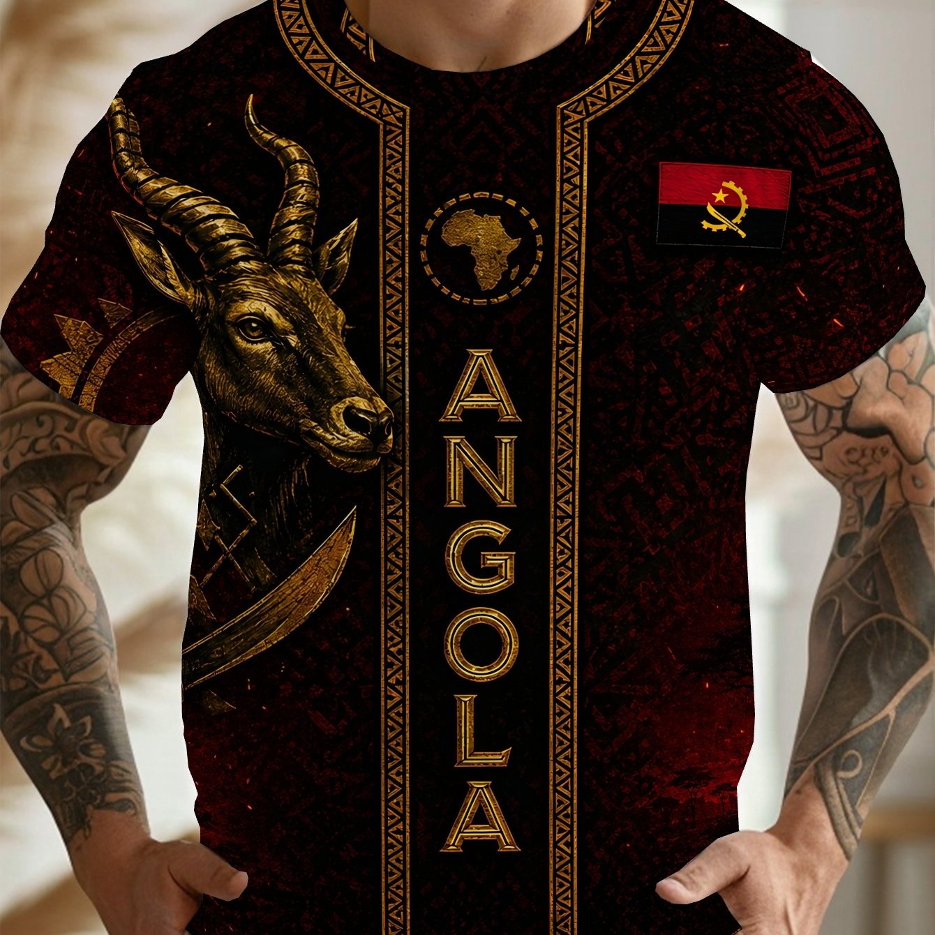 TEMU Angola Sable Strength Jersey Men's Casual Graphic Print Short Sleeve T-shirt, Round Neck, Comfortable And Breathable, Fashionable For Summer