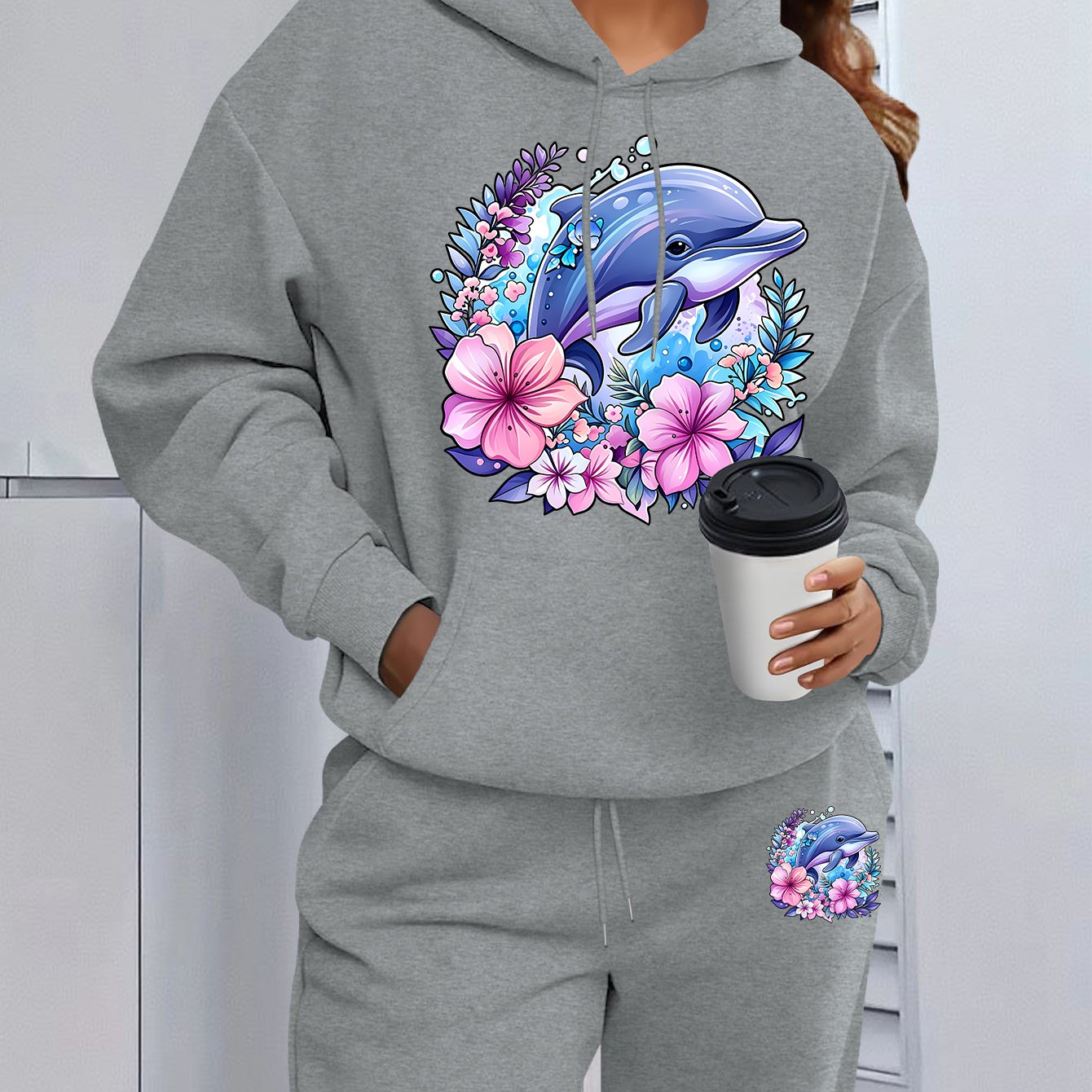 TEMU Watercolor Style Pink-purple Dolphin Floral Print Hoodie And Jogger Set - Comfortable, Stretchy Fabric, Casual Wear, Casual Attire
