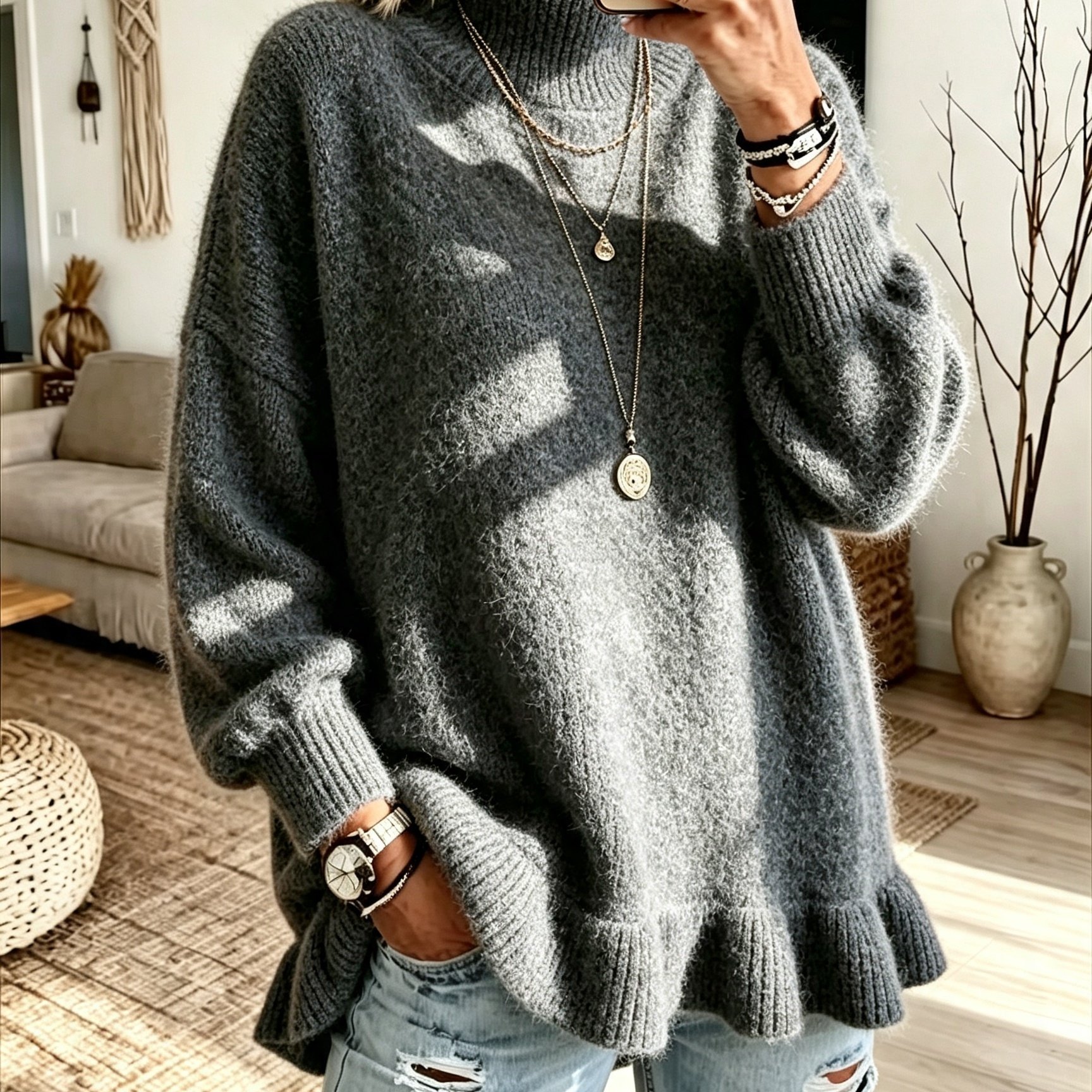 TEMU Plus Size Women's Fall Winter New Solid Color Long Sleeve Sweater Stand Collar Pullover, Elegant Solid Color Long Sleeve With Hem Plus Size