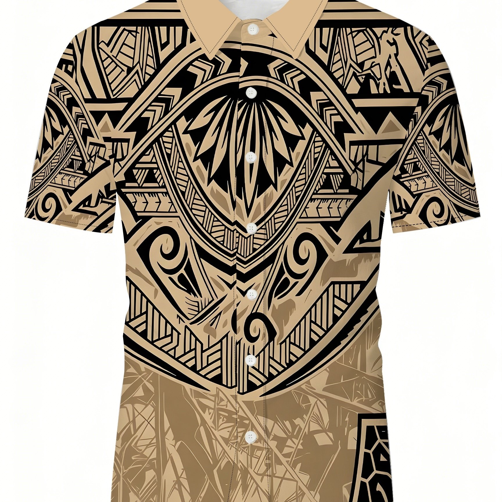 TEMU Printed Design - Non-textured Men's Casual Short-sleeve Shirt With A Brown Base Pattern With Polynesian-style Geometric Totem , Machine Washable