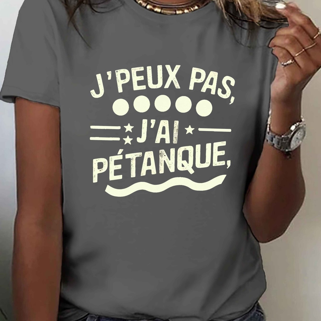 TEMU T-shirt décontracté à manches courtes et col rond pour femmes, avec un design qui dit 'JE NE PAS, J'AI UNE PETANQUE', parfait pour et l'été