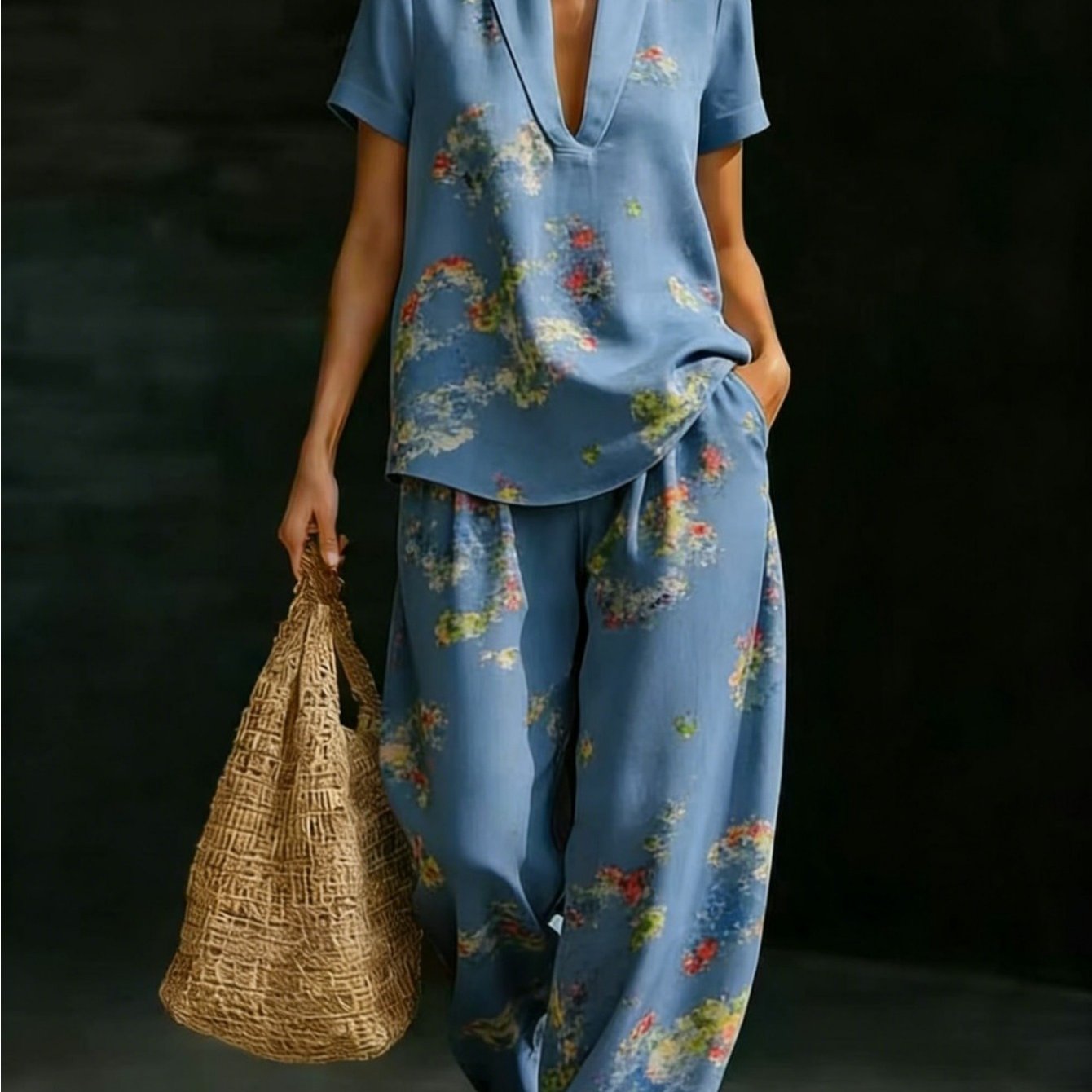 Image of Plus Size - Summer Women'-piece Set Watercolor Floral Print V-neck Short Sleeve Top And Wide Leg Pants Casual Loose Vacation Outfit Blue Multicolor