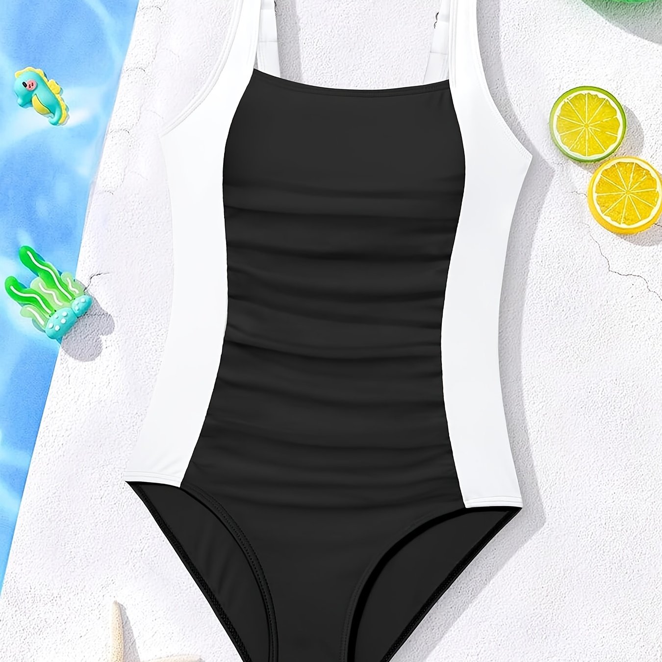 TEMU Tween Girl Colorblock 1 Piece Swimsuits Ruched Front Big Girls Swimwear Adjustable Wide Straps Kids Girl Children Swimwear