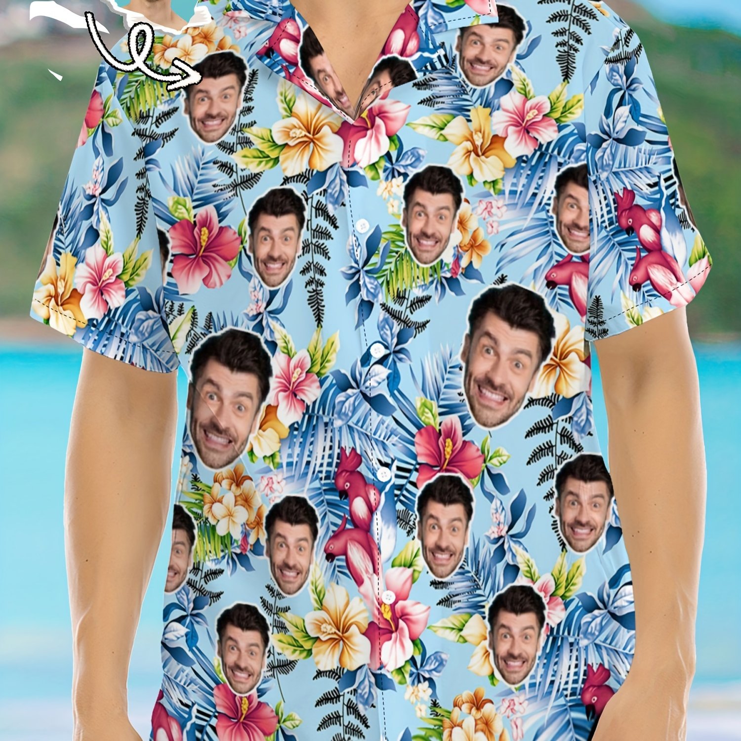 E-shop Jia + Auswahl KUNDENSPECIFISCHES Personalisiertes Herren Hawaiian Shirt, Füge dein volles Gesichtsbild für den digitalen Druck an jedem Teil des