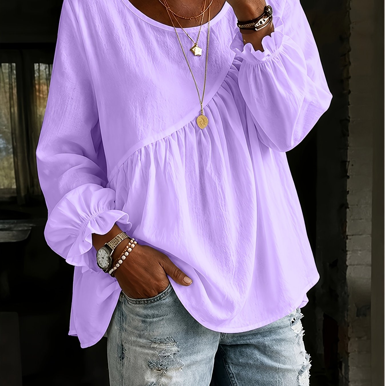 TEMU Plus Size, Options , A Stunningly Elegant Fitted Round-neck Long-sleeve Solid-color Versatile Plus-size Women's Shirt