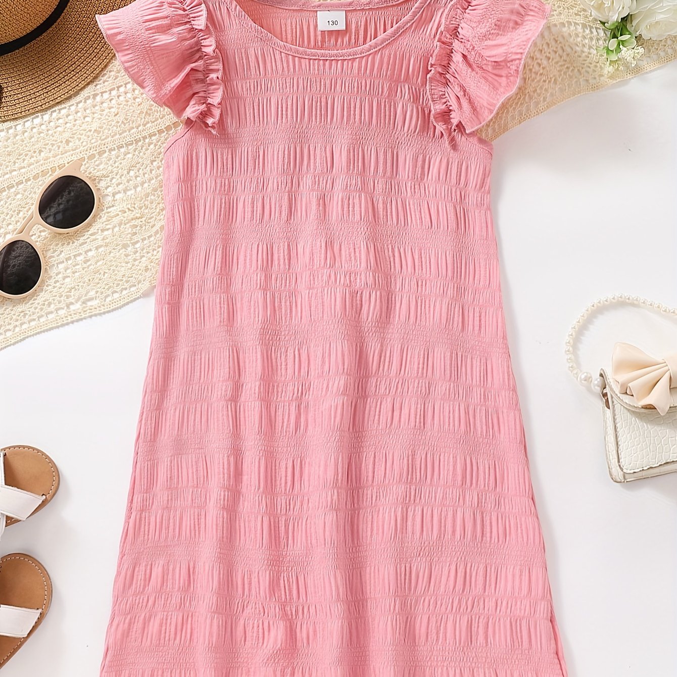 Image of Girls' Flutter Sleeve Woven Dress, Teen Solid Color Textured Stretch Breathable Fabric, Short Sleeve, Large Round Neck, Knee-length A-line Skirt