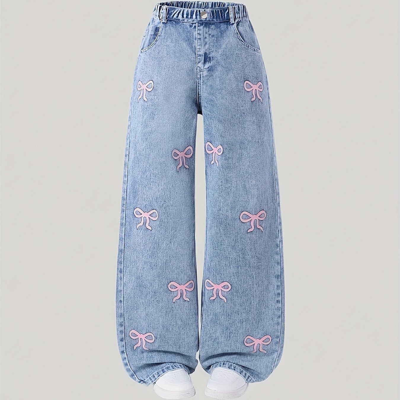 Image of Girls' Bow Denim Pants | Comfortable And Breathable Elastic Waist | Adorable And Style, Suitable For Daily And Versatile Occasions