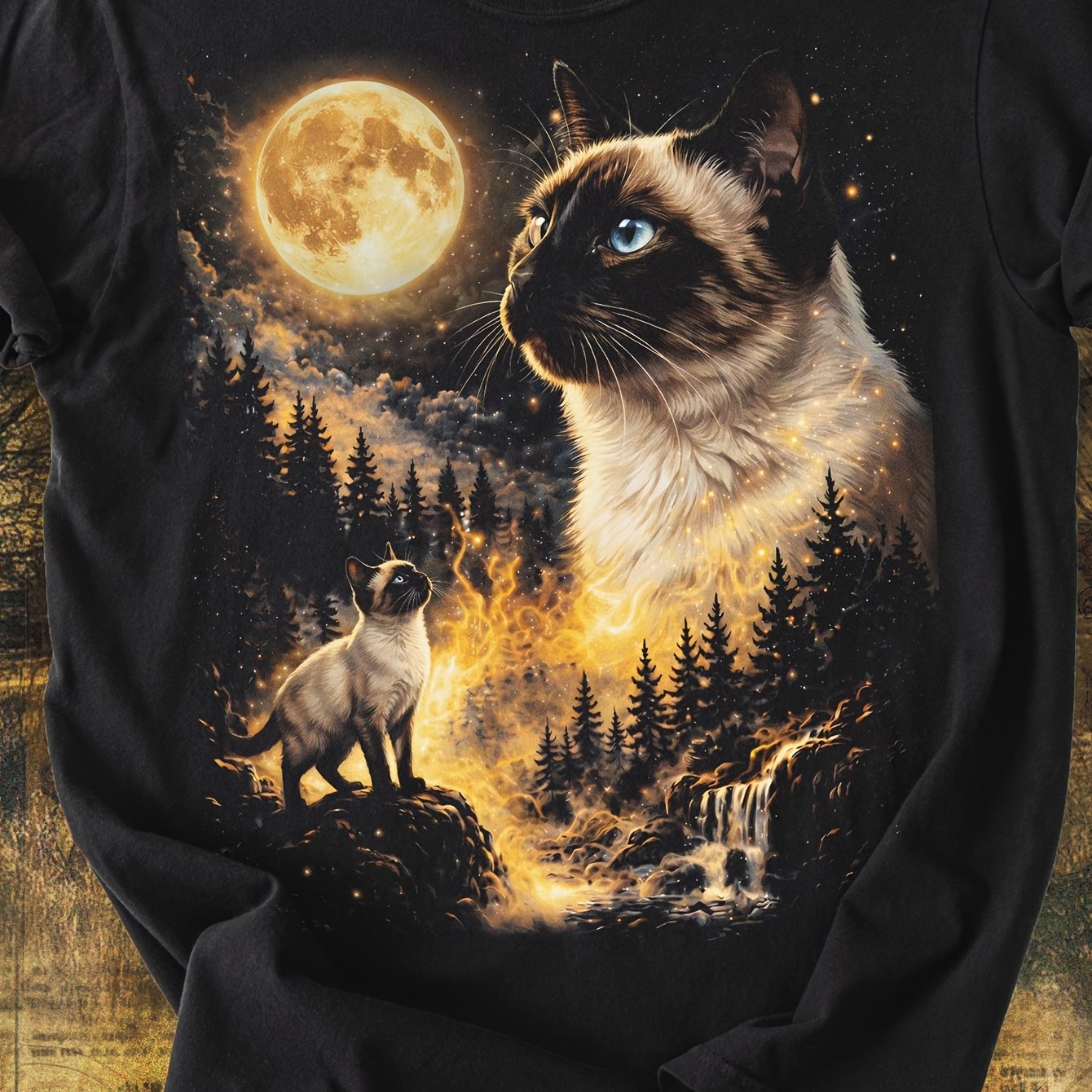 Image of Siamese Cat At Moon Retro Graphic Funny Lover Gift Mom Dad Short Sleeve T-shirt Crew Neck, Retro Vibes Graphic Top, Summer Trend