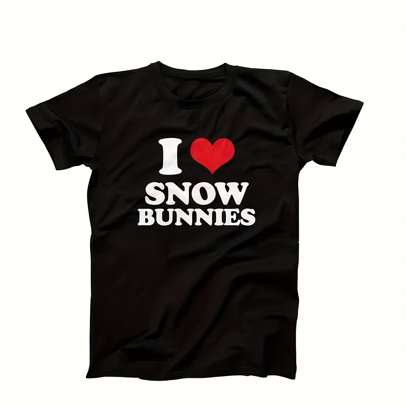 TEMU Local Warehouse Men's Heavyweight Ski And Snowboard T-shirt - 140g Winter Sportswear With "i Love Snow Bunnies" Print, Machine Washable Fit,