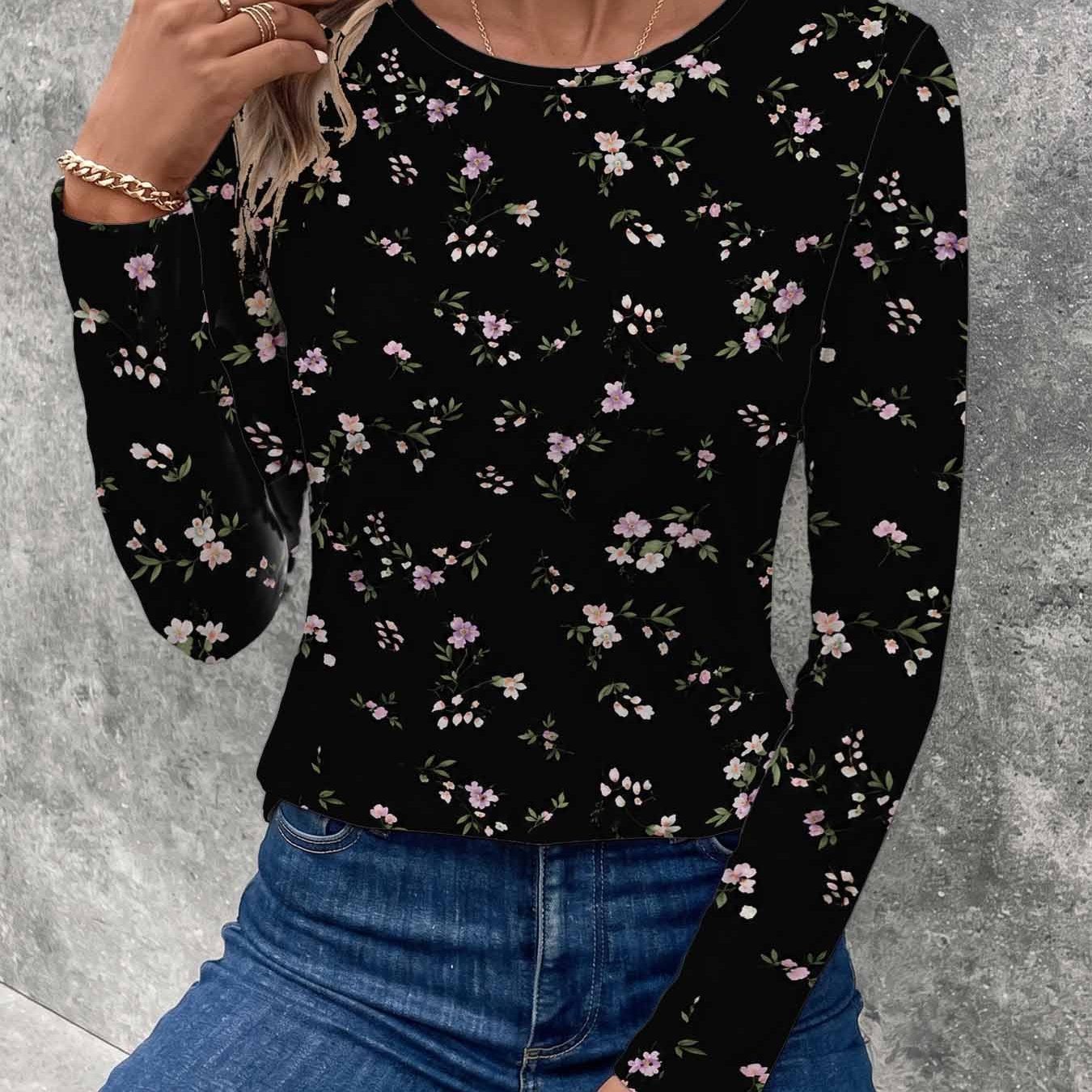 TEMU Women's Round Neck Long Sleeve T-shirt, With Small Floral Print In And . Soft And Comfortable Fabric With Print Design, Machine Washable.