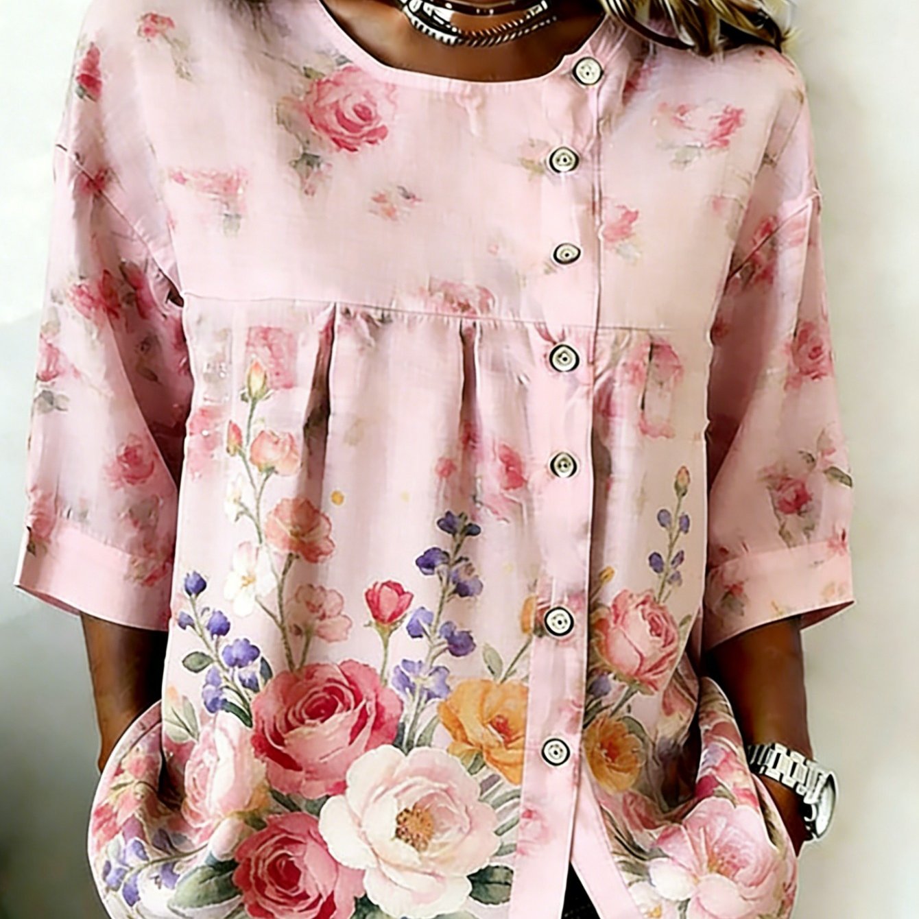 Image of Plus Size - Plus Size Ladies Crew Neck Button Pink Floral Summer Dress For , From Casual To Semi-formal Settings, Soft Fabric Makes For Mom, Sister Or Friend