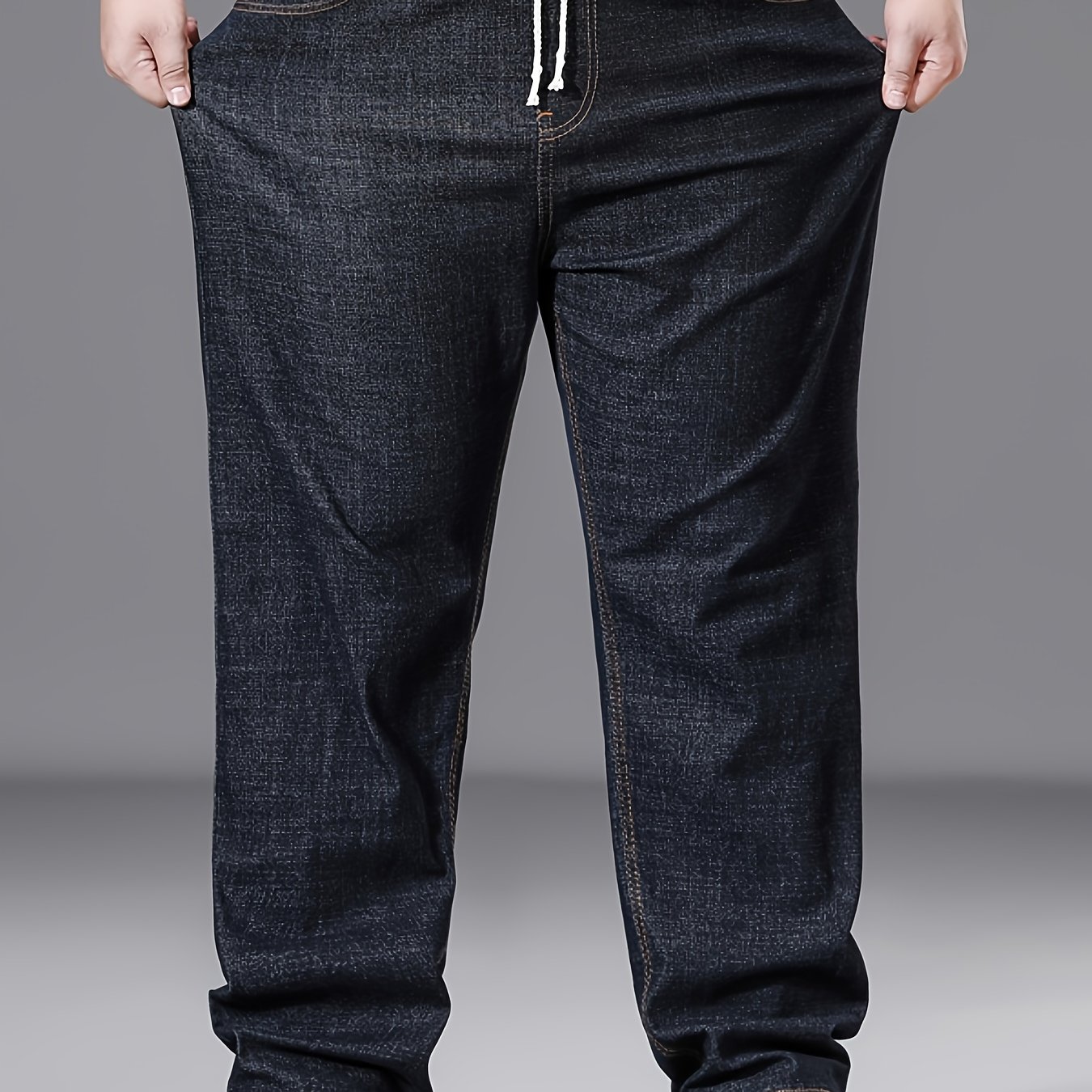 Image of Plus Size Men's Jeans, Loose Straight-leg Stretch Pants, Simple And Versatile Elastic High-waist Stretchy Big & Tall Pants, Extra Size Drawstring Men's Trousers, Style