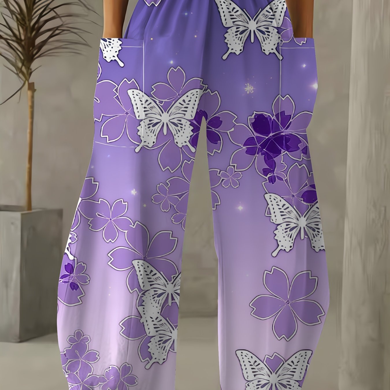 TEMU Plus Size, Plus-size Women's Pants With Purple Pattern - Casual, Elegant, Loose Fit For Comfort And Coolness, Dual Pockets, Comfortable For