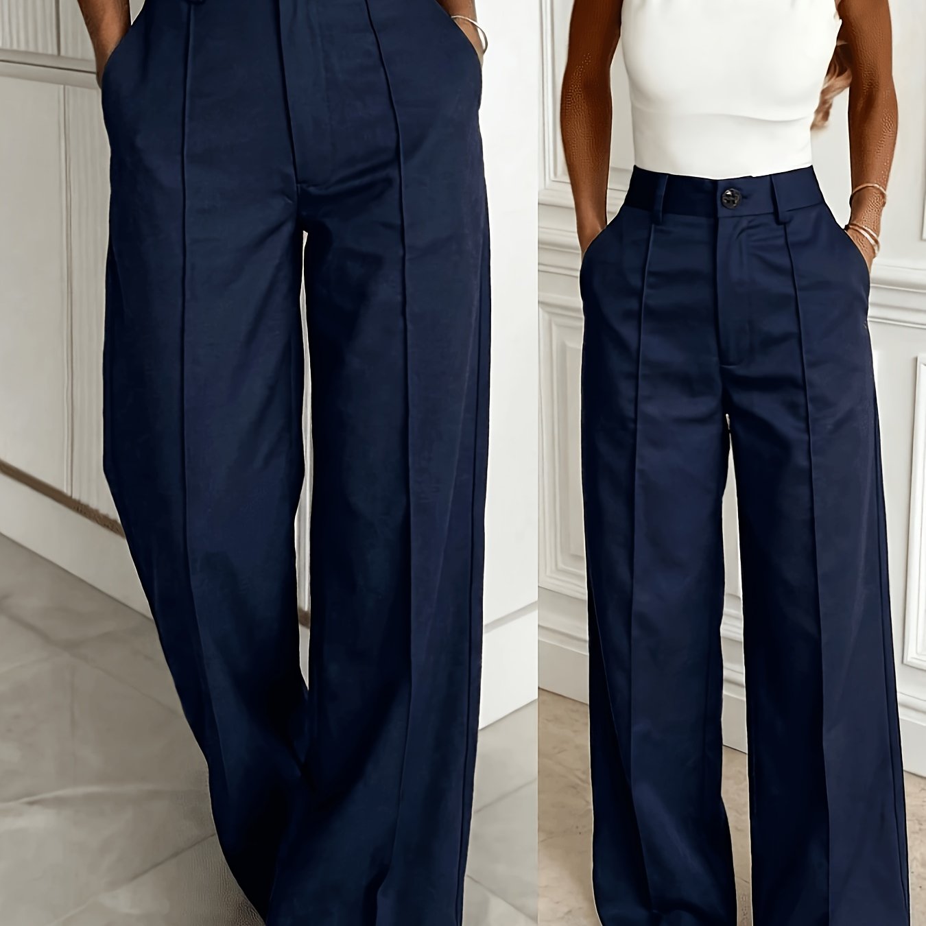 TEMU Women's Minimalist Fashion Solid Color High-waist Loose Wide-leg Pants, Button Zipper Pocket Casual Commuter Straight Trousers, Suit Trousers,