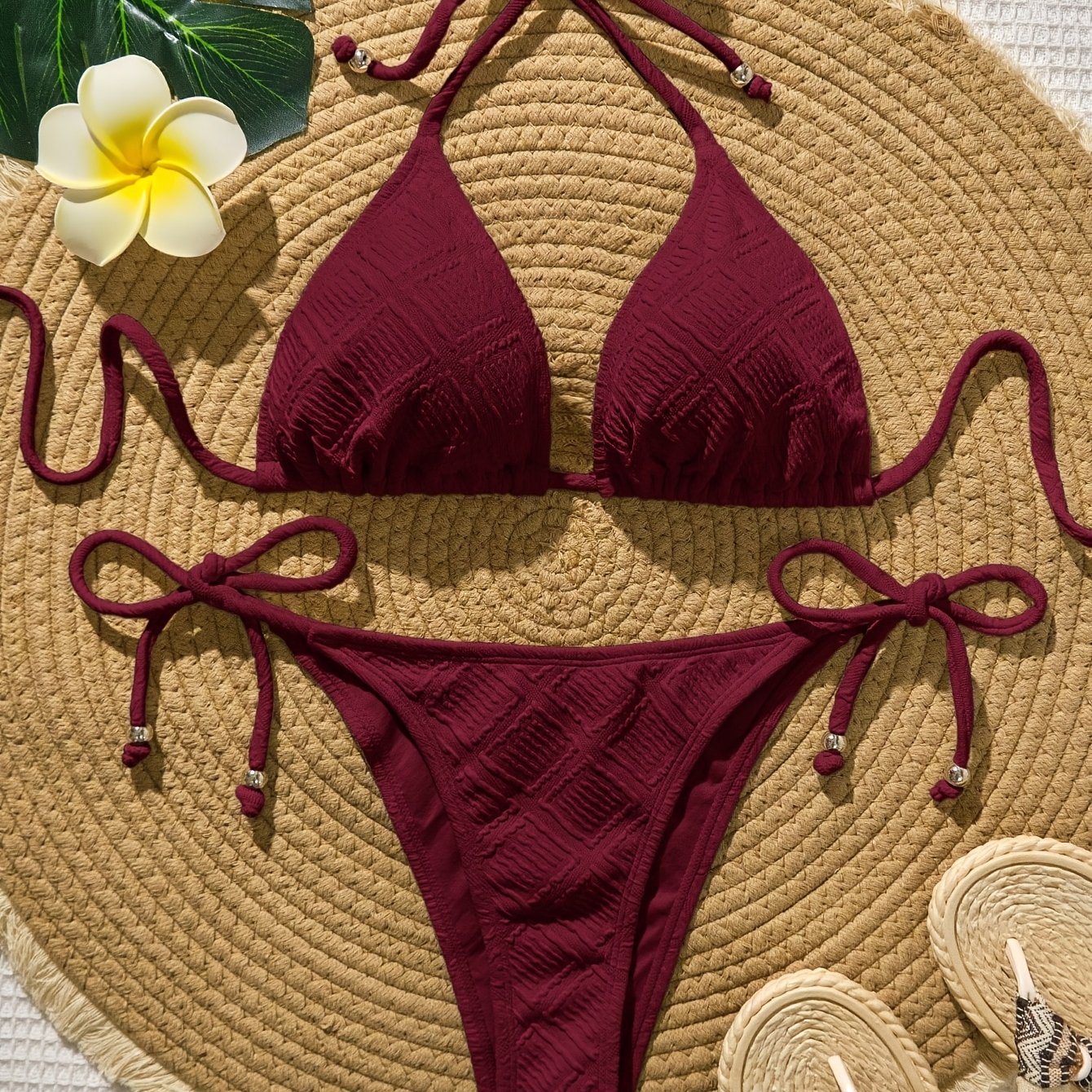 2026 Spring/summer Size Women's Swimsuit, Burgundy 2pcs Set, No Print, Halter Neck With Tie, Thin Shoulder Straps, Simple Casual , Standard Size Women's Bikini Swimsuit Set