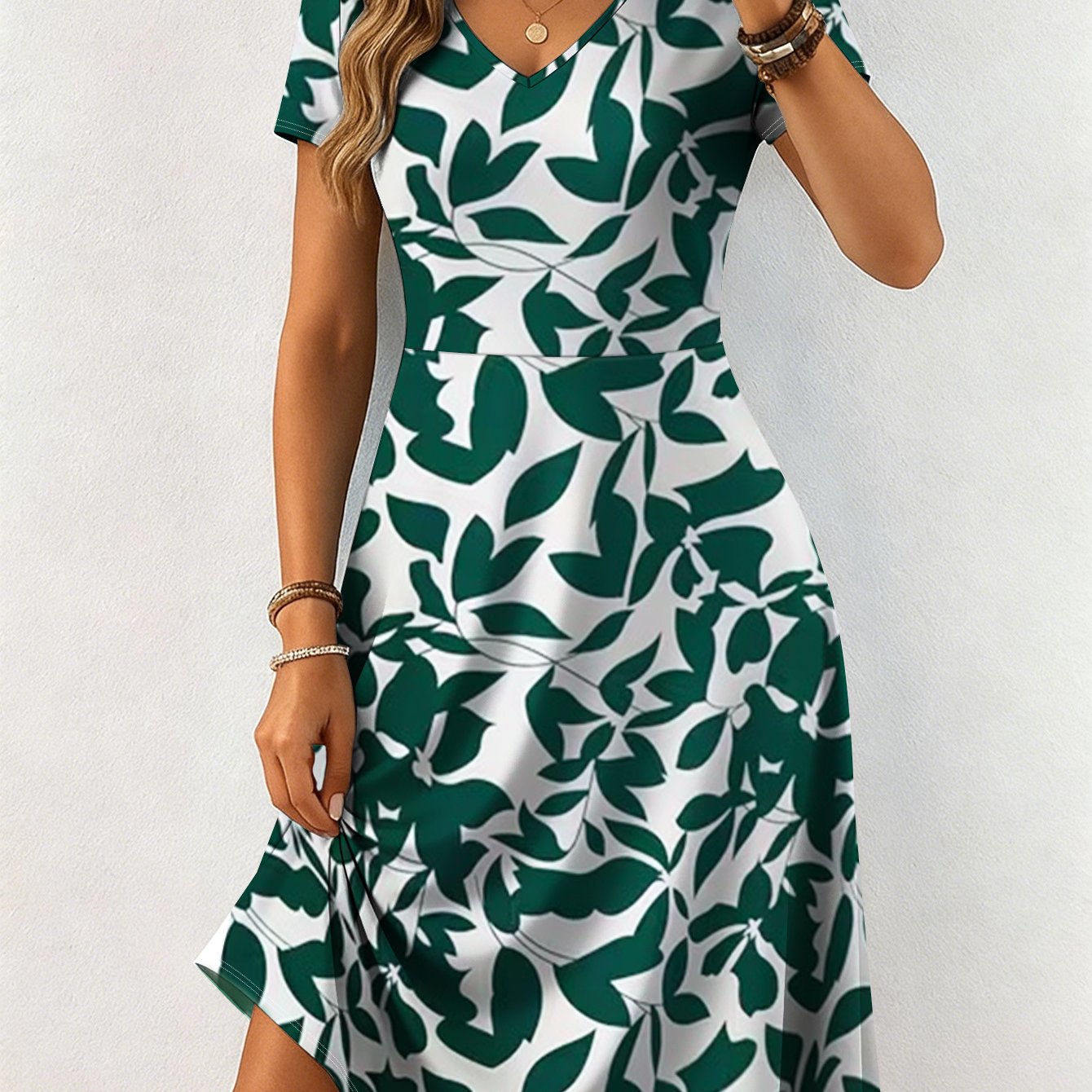 Image of Plus Size - Plus Size - Plus Size- Women's V Neck Short Sleeve A Line Dress, Elegant Trendy Women's Green Leaf Print Waist Paneled Mini Dress For Casual Wear, Curvy Plus Size Women Clothing