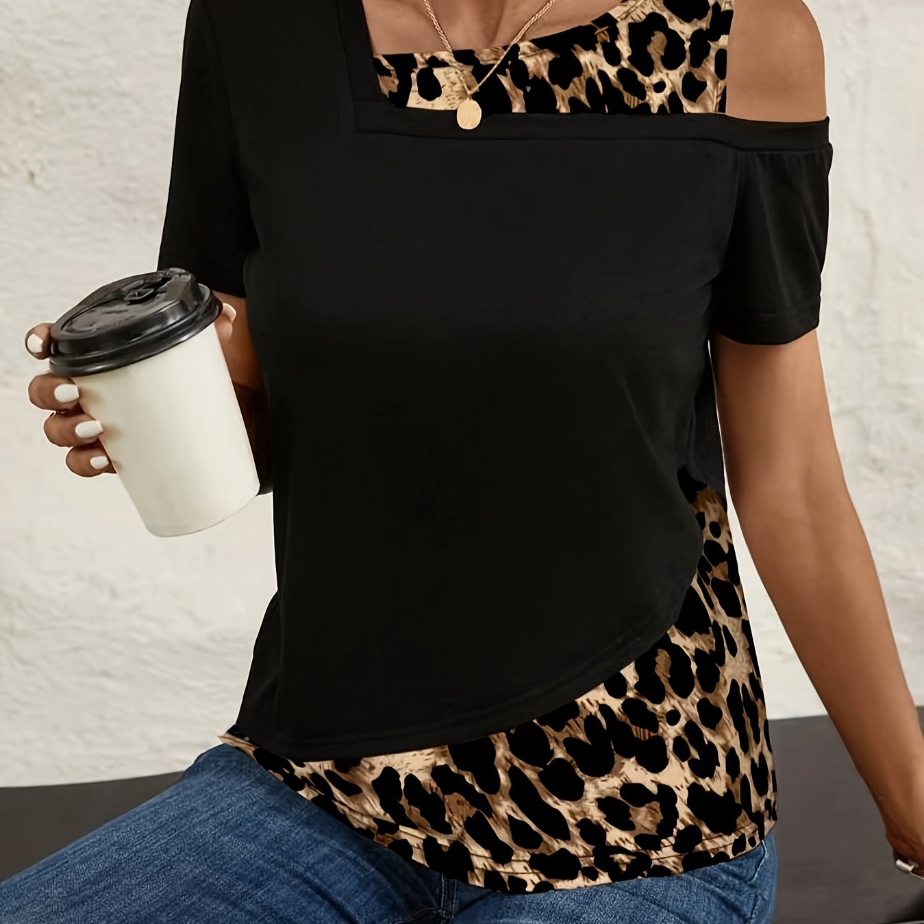 Directional Elegant Women's Asymmetrical Neckline Hollow Out Off-shoulder Leopard Block Vacation Elegant Style T-shirt Women's Tops
