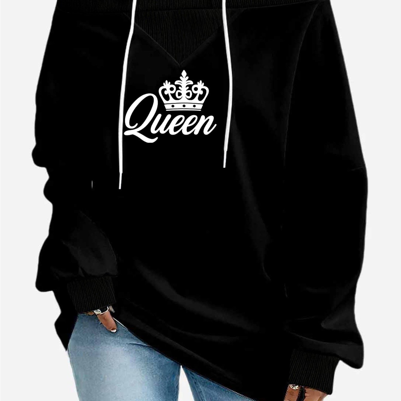 TEMU Plus Size, Crown Letter Queen Print Lazy Style Plus Size Fashion Women's Off-the-shoulder Sweatshirt Loose Fit Us Size 0xl-8xl Casual Drawstring
