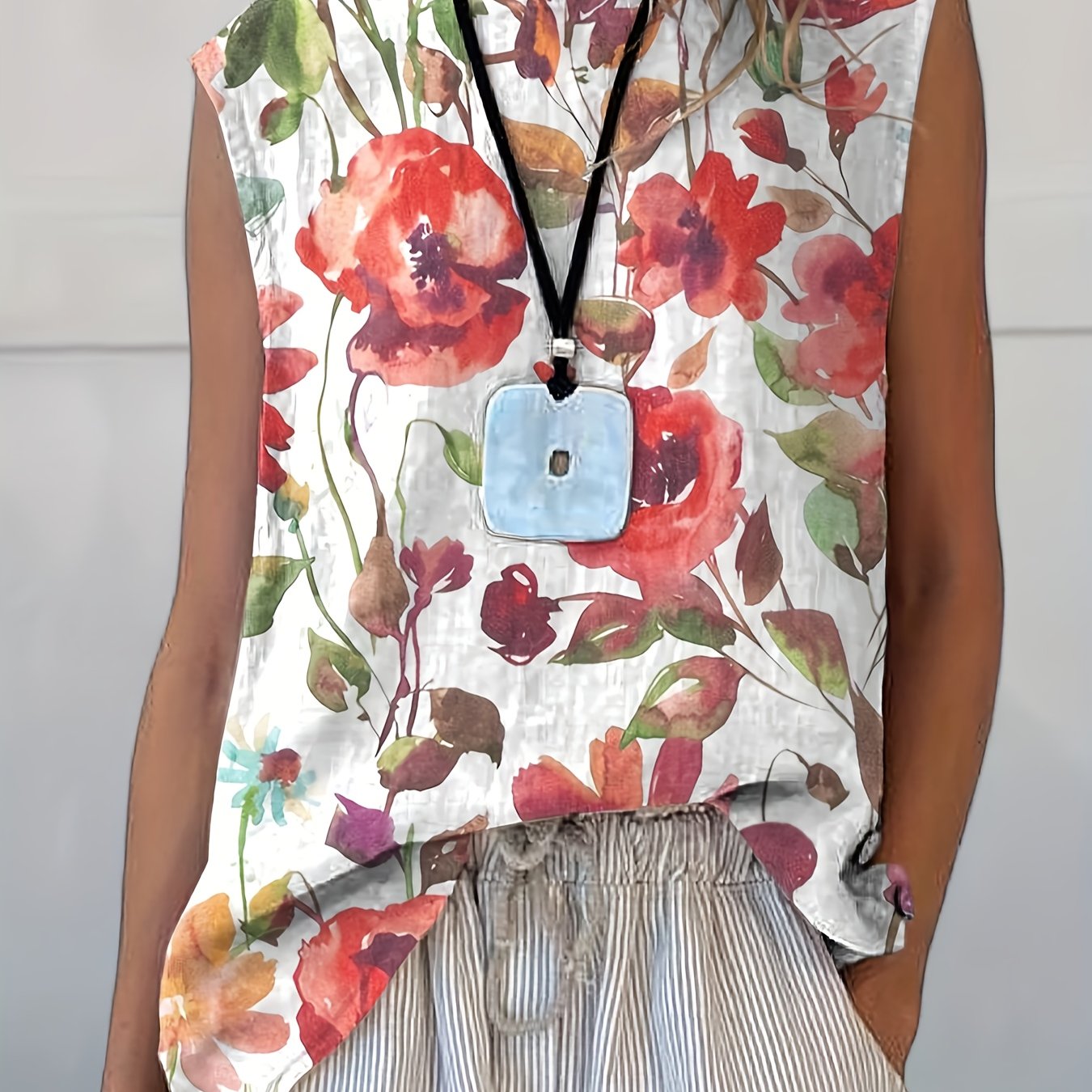 TEMU Plus Size - Plus Size - Burlap Watercolor Print, Plus Size Women's, Casual Fashion, Round Neck Sleeveless Burlap Vest, Cute Vest Is Perfect For