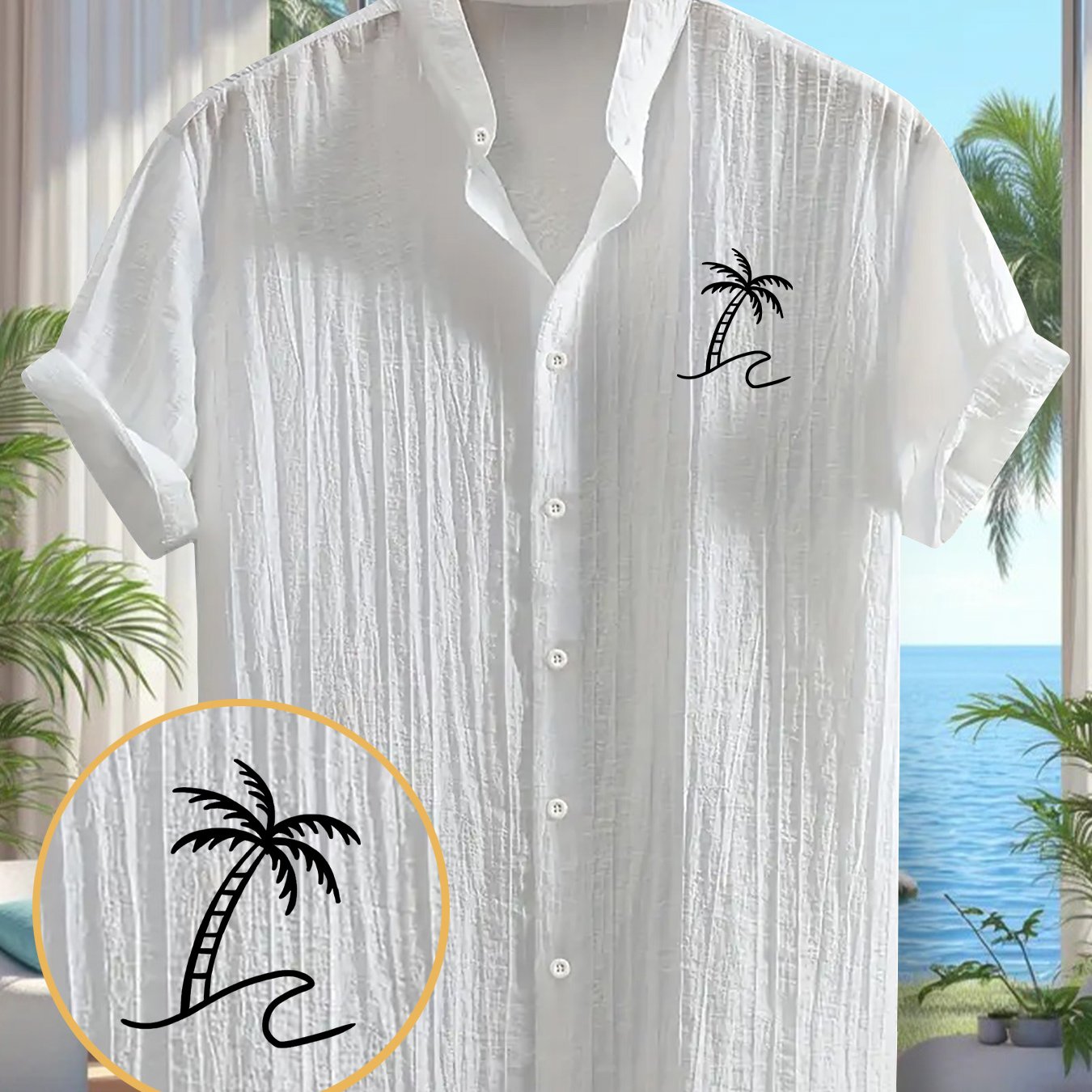 TEMU Men's Coconut Tree Print Short-sleeve Shirt, Lightweight And Breathable Solid Color Collar Button-up Casual Top For Summer, Machine Washable,