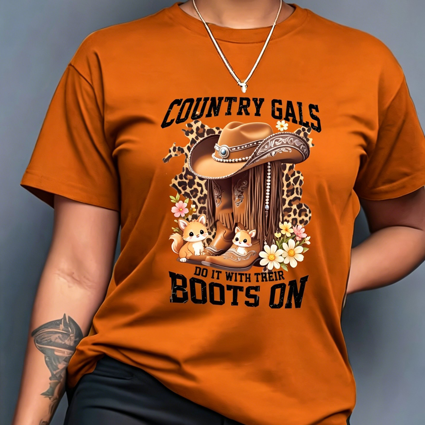 TEMU Plus Size - Flat Print Western Style Easy Round Neck T-shirt, Breathable And Skin-friendly, Suitable For And Casual Wear, Versatile And