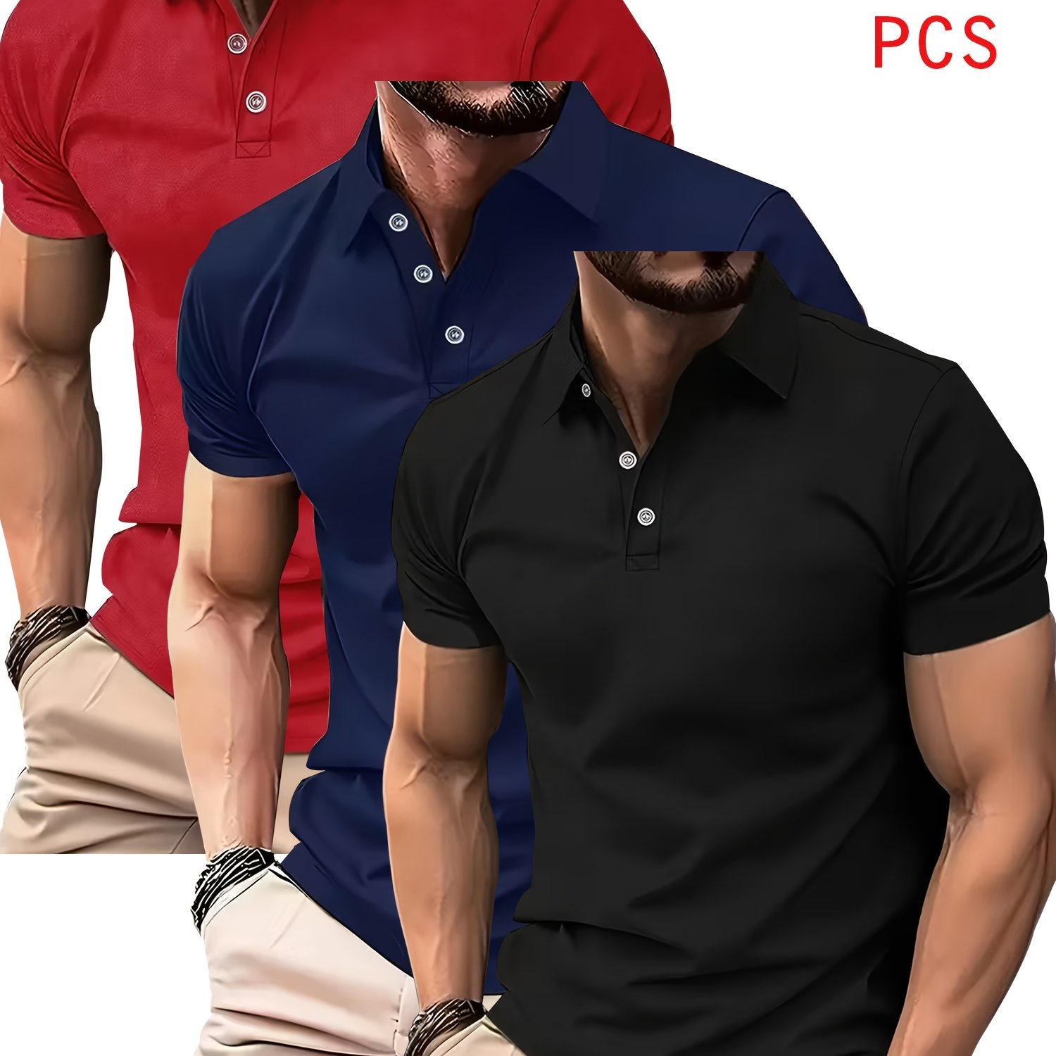 TEMU Shirt Solid Color Lapel 3pcs Mixed Set, Breathable Quick-dry Golf Casual Shirt, Lightweight Stretch Polyester Button Design, Suitable For Summer