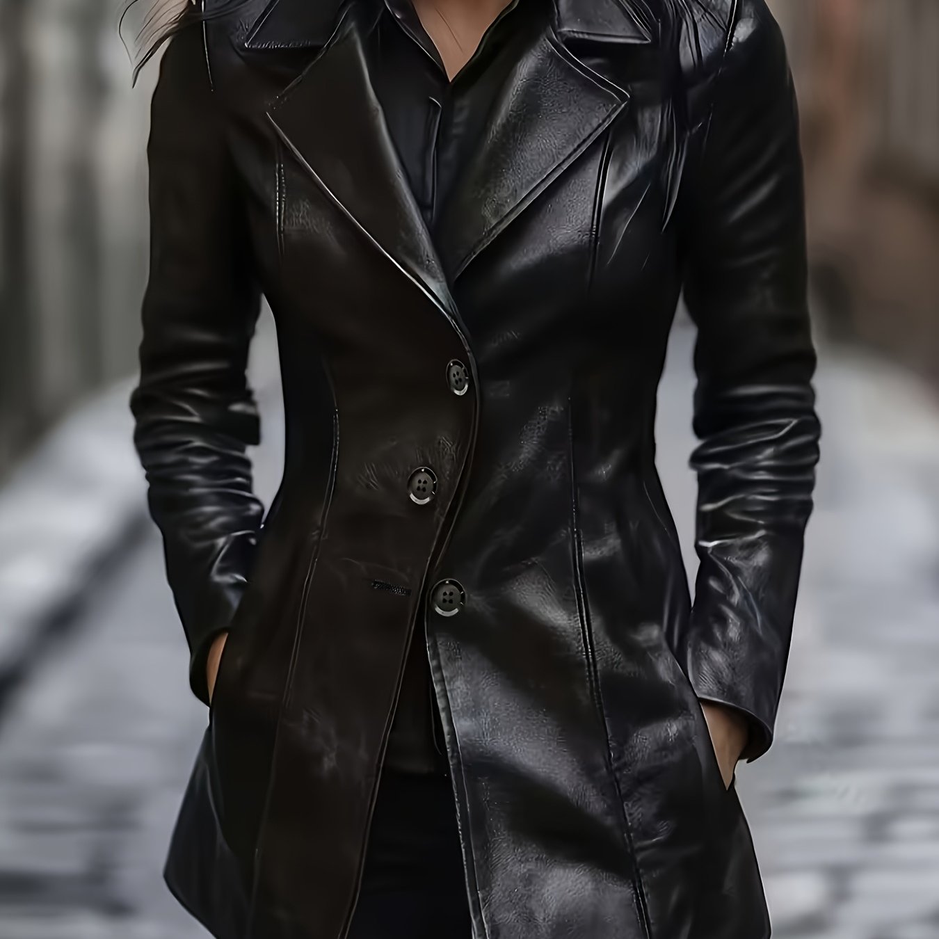 TEMU Women's Slim Fit Pu Single-breasted Mid-length A-line Skirt Elegant Lapel Coat