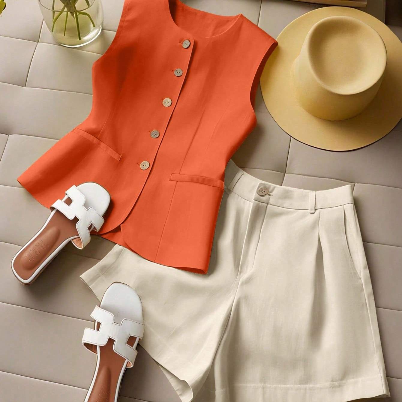 E-shop Damen-Zweiteiler-Set im europäischen amerikanischen Stil für Frühling/Sommer, mehrfarbig, Weste Shorts mit T02