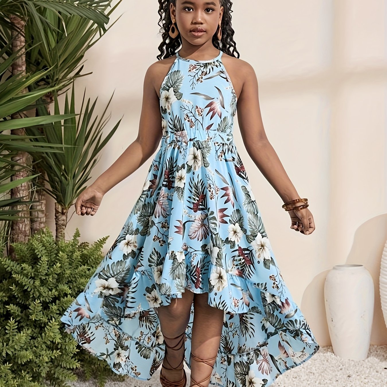 Image of Teen Girl's Elegant Floral Print Sleeveless Backless Cut-out Asymmetrical Casual Dress