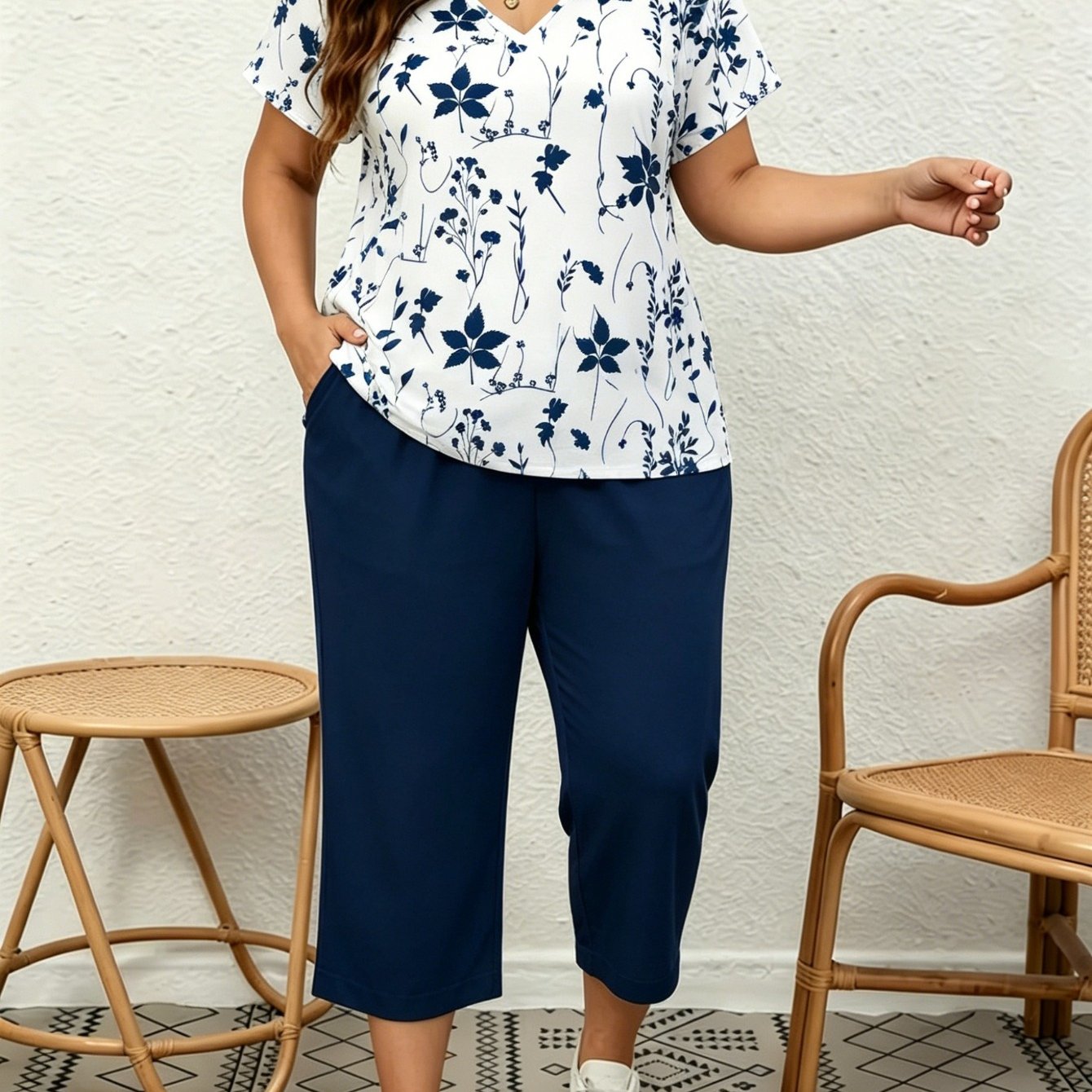 Image of Plus Size, Plate-size Suit - Women's 2pcs Set, Featuring A Leaf-leaf Floral Print T-shirt And Pocket 7-inch Pants. The V-neck Is Elegant And Fashionable, Suitable For Daily , , And Vacations.