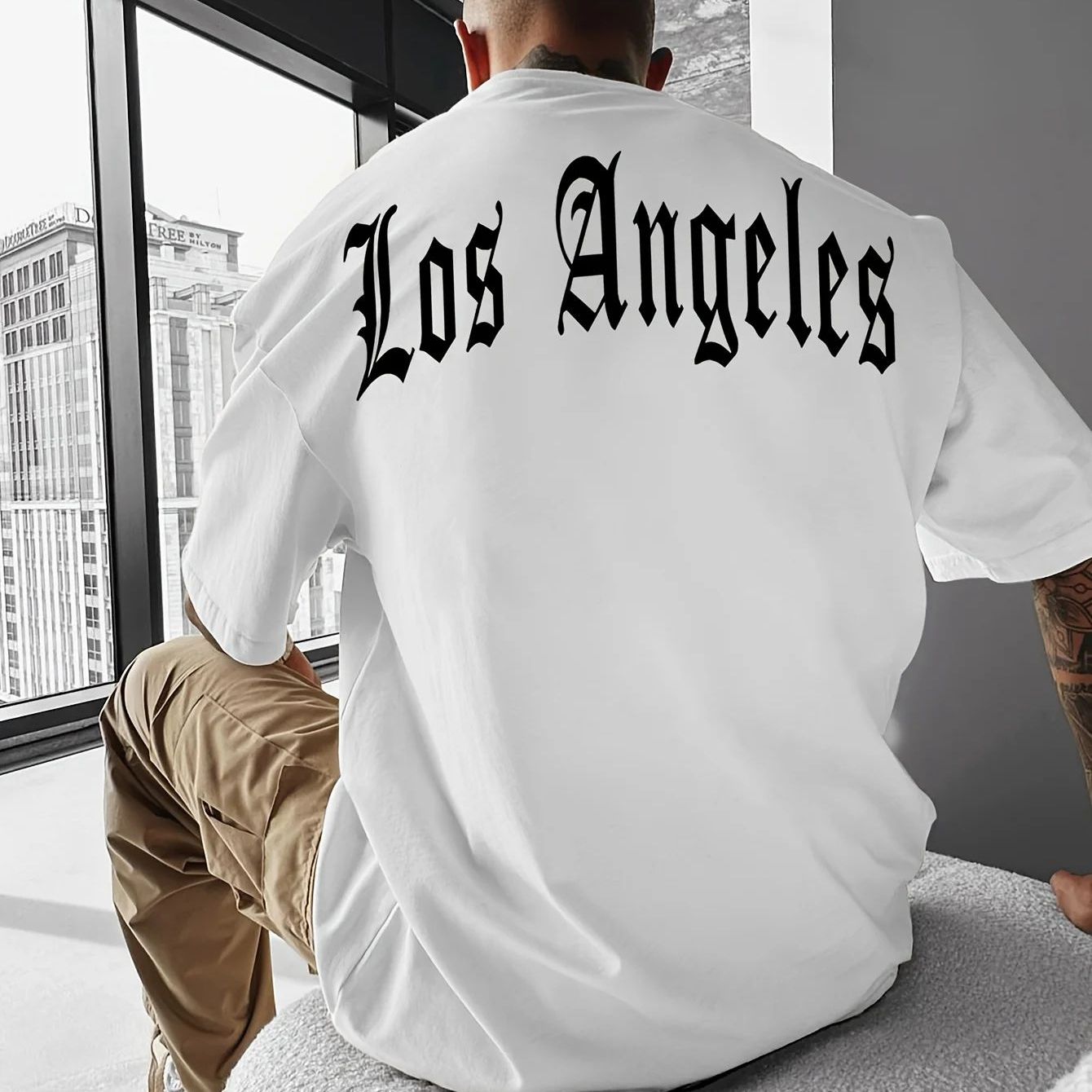 Men's Relaxed Fit Short Sleeve -shirt With Gothic 'los Angeles' Back Print - Vibrant Pink Casual Round Neck Tee Suitable For Wear, Machine Washable -themed Apparel For