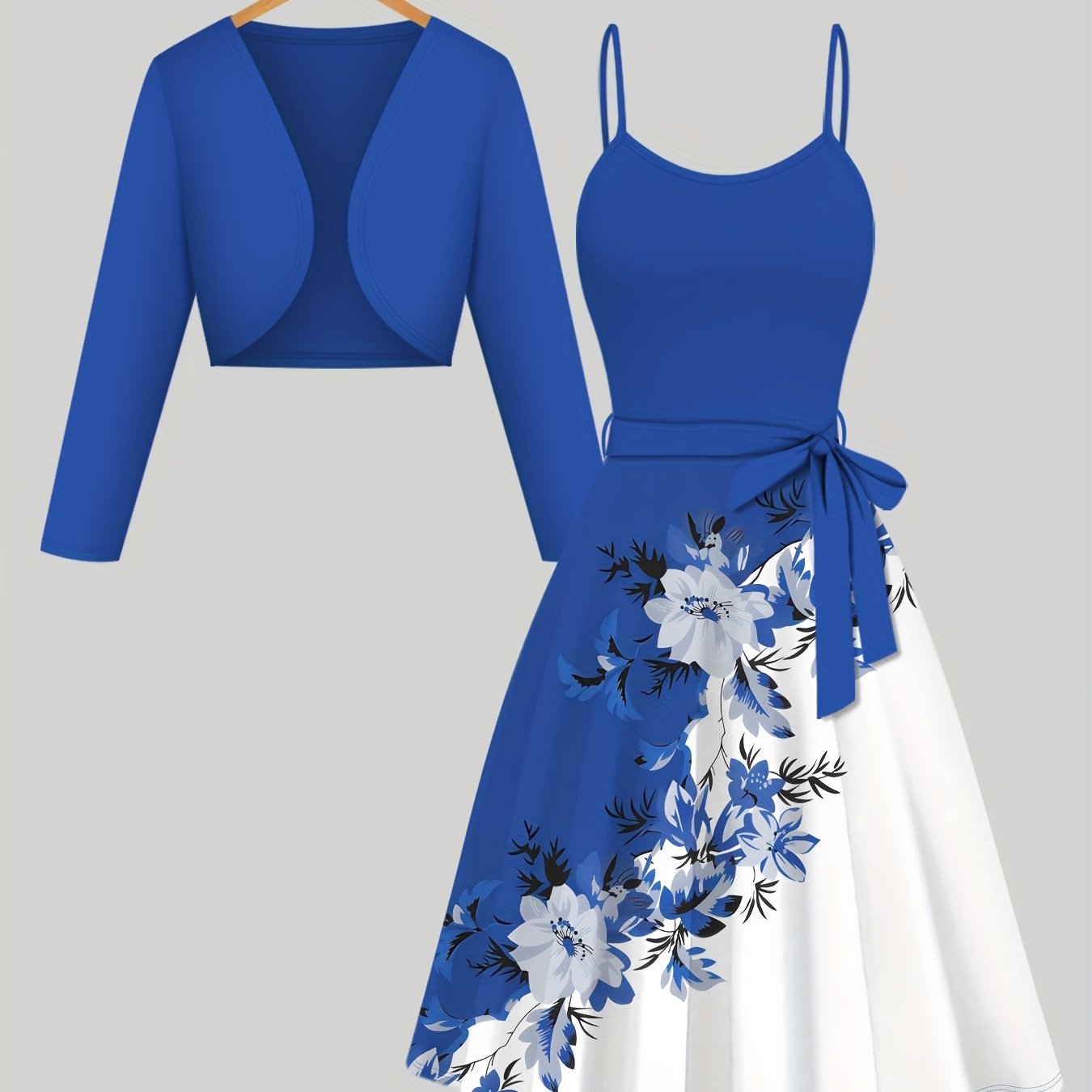 Image of Women's Suit Blue Cardigan Jacket And Flower Print Contrasting Color Suspender Dress With Lace-up 2pcs Set Temperament Daily Party Ladies' Clothing