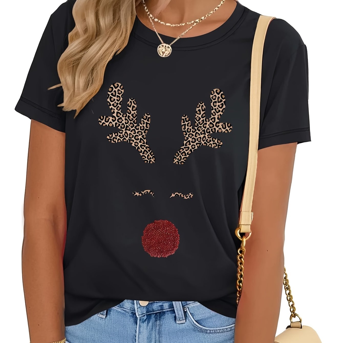 TEMU Christmas T-shirt, Christmas Shirt Gift, Fun Reindeer Print, Women's Casual Crew Neck Top, Holiday Pattern Festive Themed Top Suitable For Daily