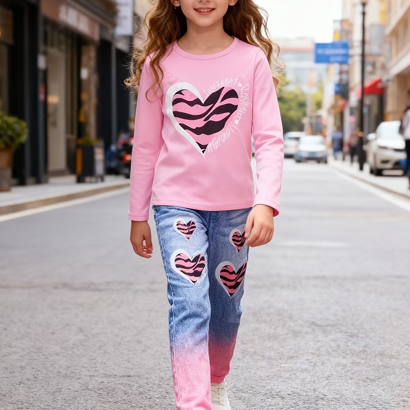 Image of A Two-piece Set For Girls Featuring A Long-sleeve Pink Top And Heart-patterned Denim Pants, Perfect For Outdoor Wear, Autumn Essentials, Christmas, Halloween