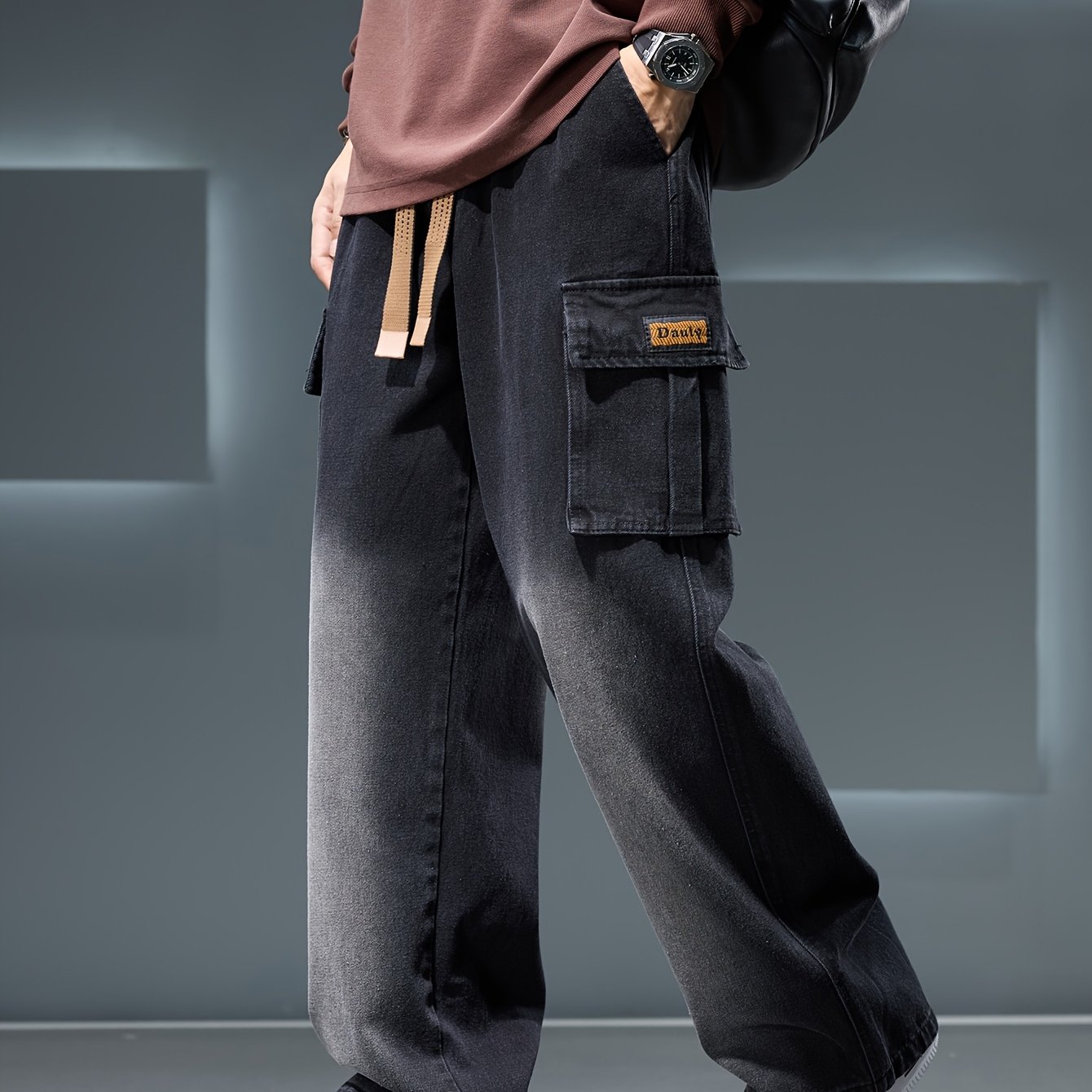 Men's Straight Wide-leg Jeans With Draping Effect, Gradient Color, Washed End, And Utility Style