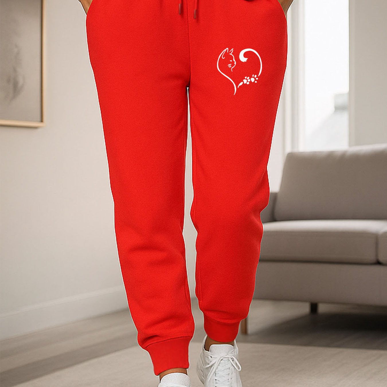 TEMU Plus Size Women's Winter Casual Sweatpants, Heart-shaped Cat Print D 176