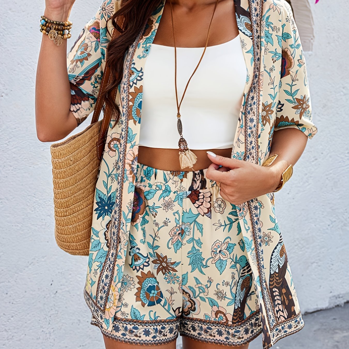 New Style Comfortable Casual 2pcs Set: Bohemian Tropical Print Top And Shorts For Women