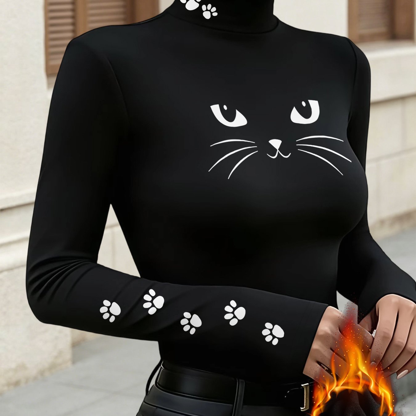 TEMU Lined High-neck Base Layer For Women, Long Sleeve Slim Fit Inner Top With Cat Face And Paw Print, Versatile For Autumn/winter