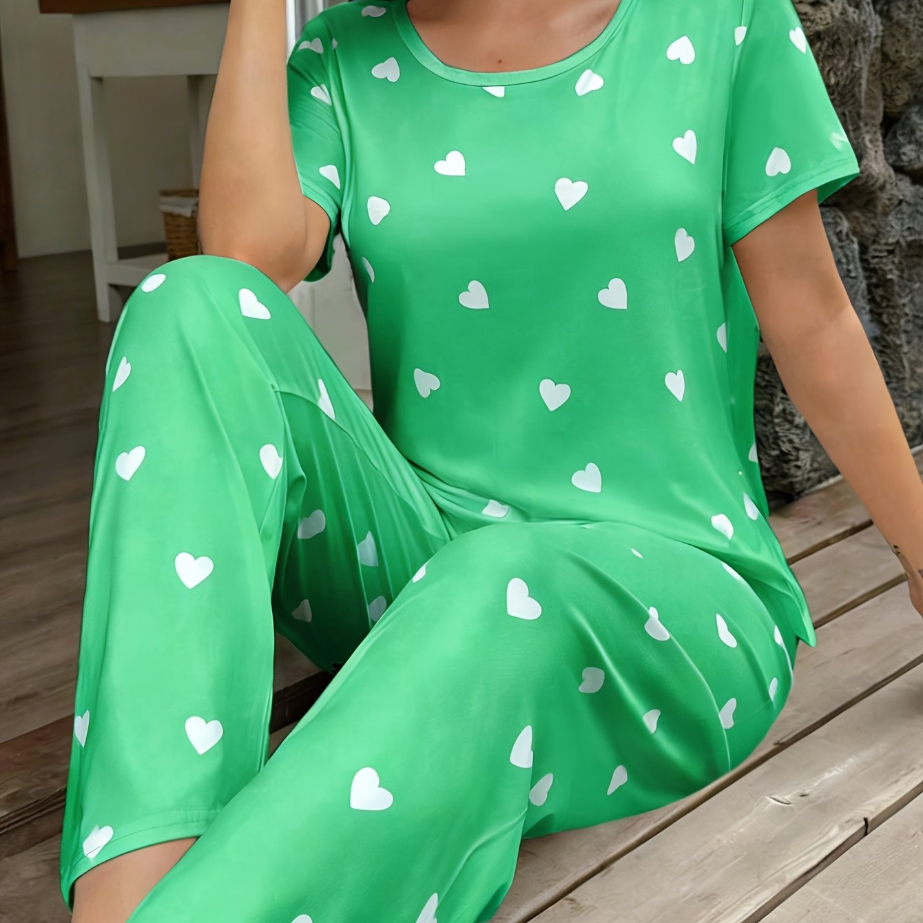 TEMU Women's Pajama Short Sleeve Long Pants Set Full Print Heart Round Neck Casual Women's Sleepwear