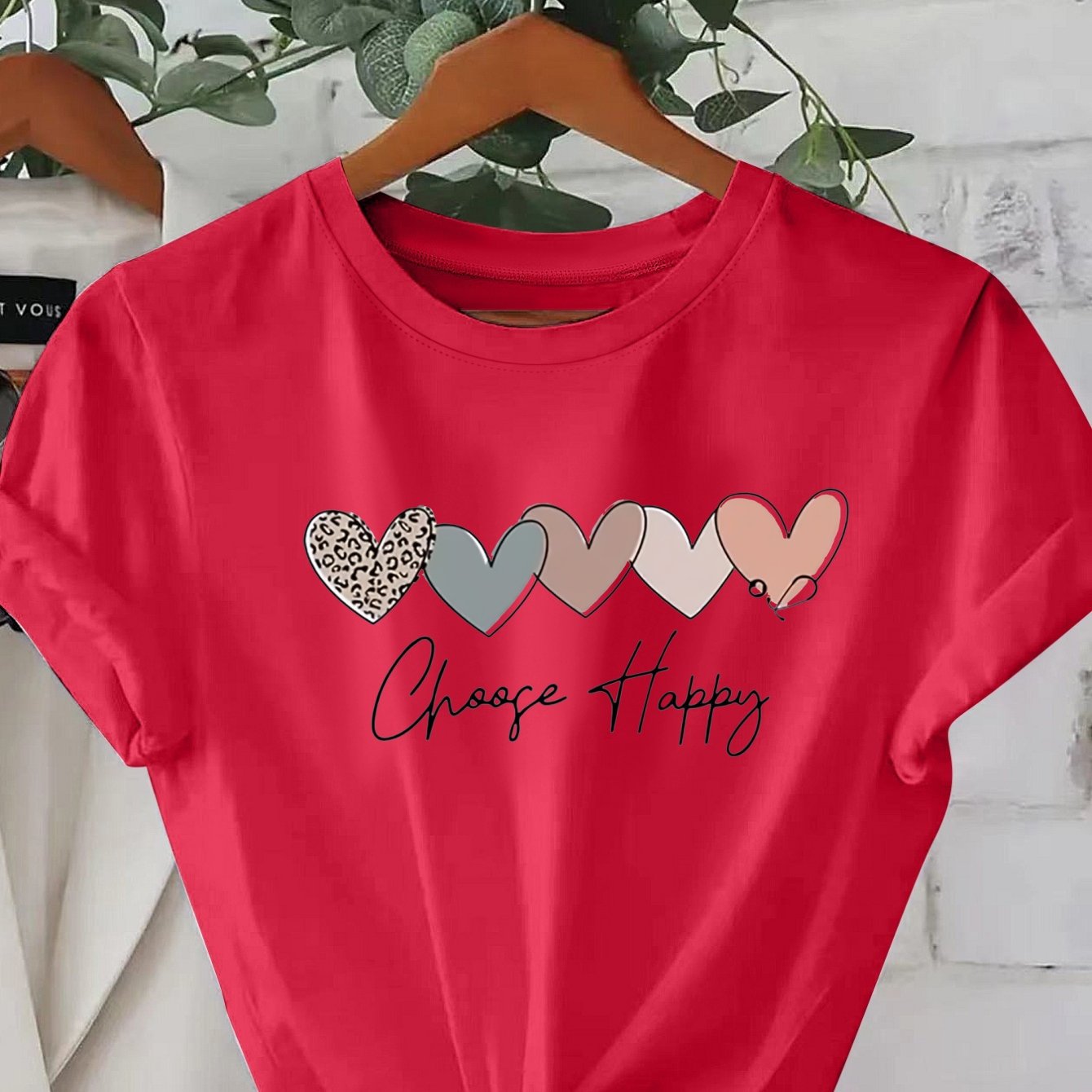 TEMU Plus Size - Plus Size Women's Casual Crew Neck T-shirt With "" Heart Print - Short Sleeve, Stretchy Fabric, White With Colorful , Lightweight &