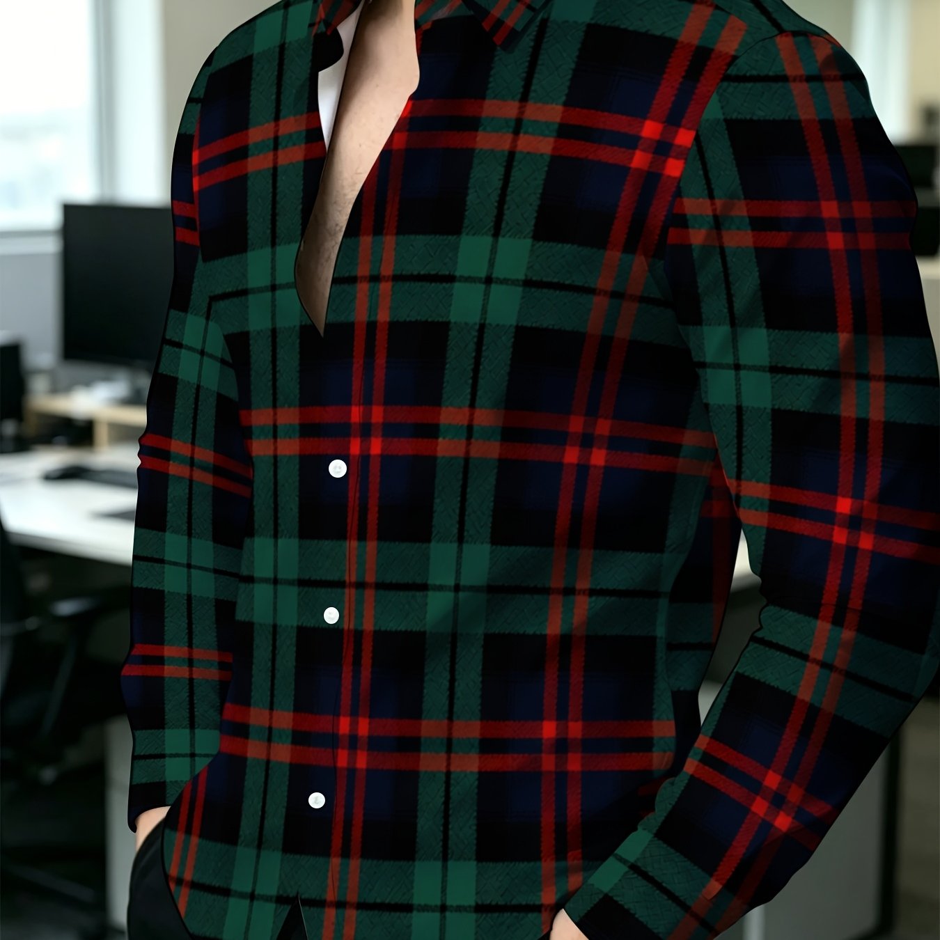 TEMU Men's Vintage Long-sleeve Shirt, Spring/autumn Casual Business Button-up Top. Dark Green And Red Contrast For Commuting, Casual, And Dating.