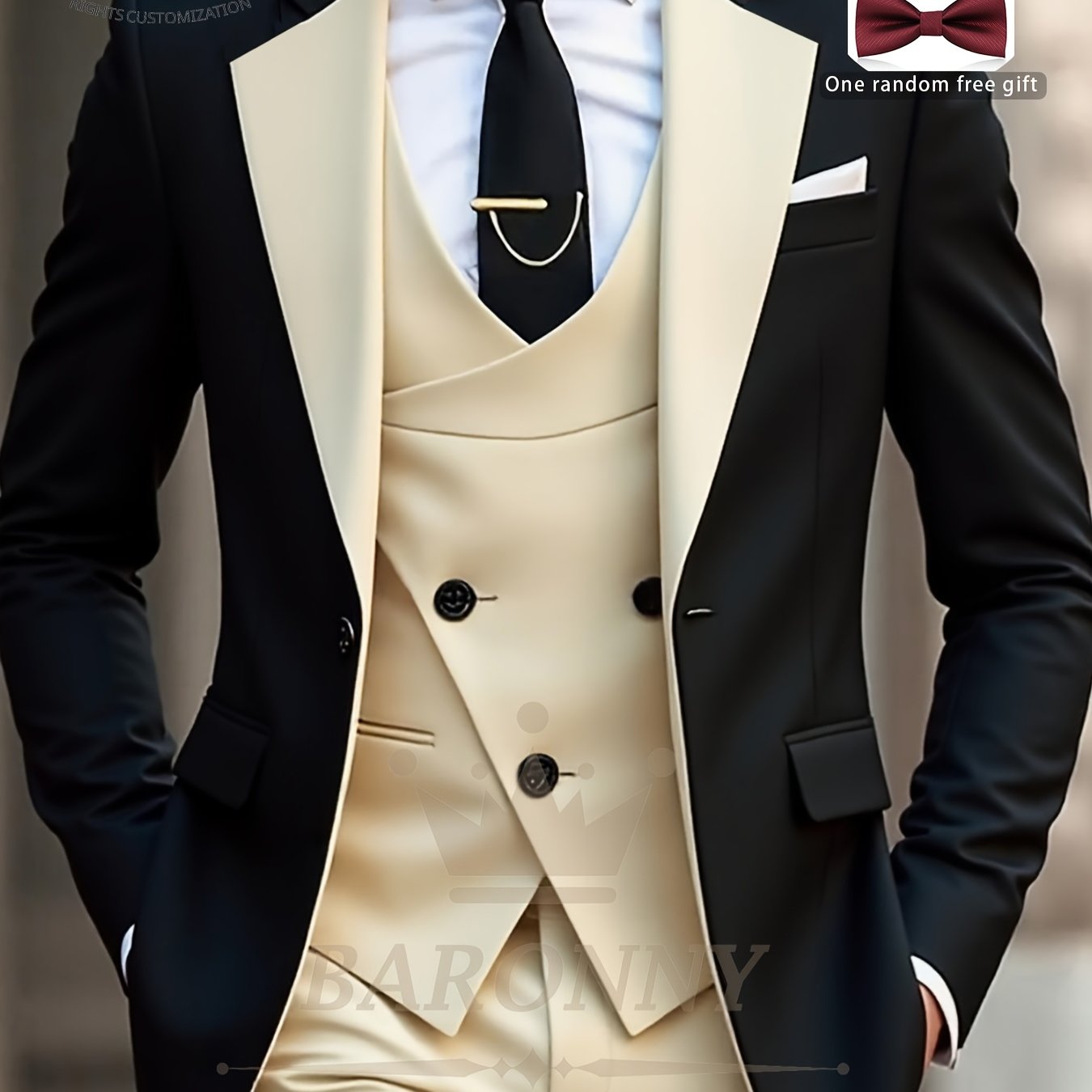 TEMU Men's 3pcs Suit Set With Free Bow Tie, Color- Blazer + Vest + Trousers, Stylish And High-quality, Suitable For Weddings And Parties Elegante