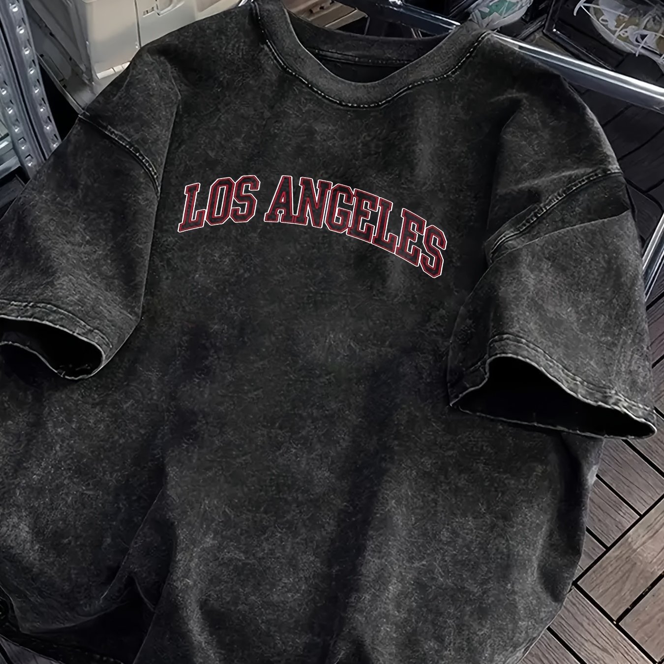 Image of Los Angeles Letter Print Summer Men's Trendy Drop Shoulder Sleeve High Quality Thickened Heavyweight Plus Size Vintage Distressed Pure Washed Round Neck T-shirt