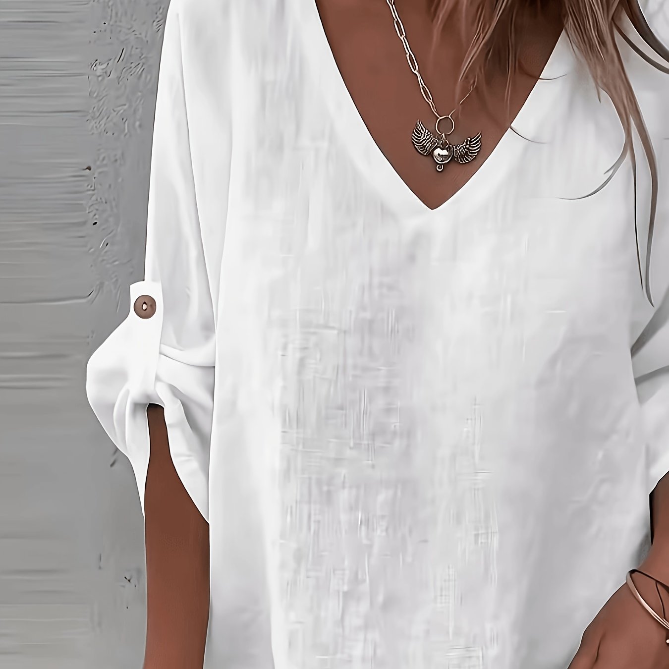 TEMU Spring/summer European And | Loose V-neck White Shirt, Minimalist Versatile Style For Commuting And Vacation