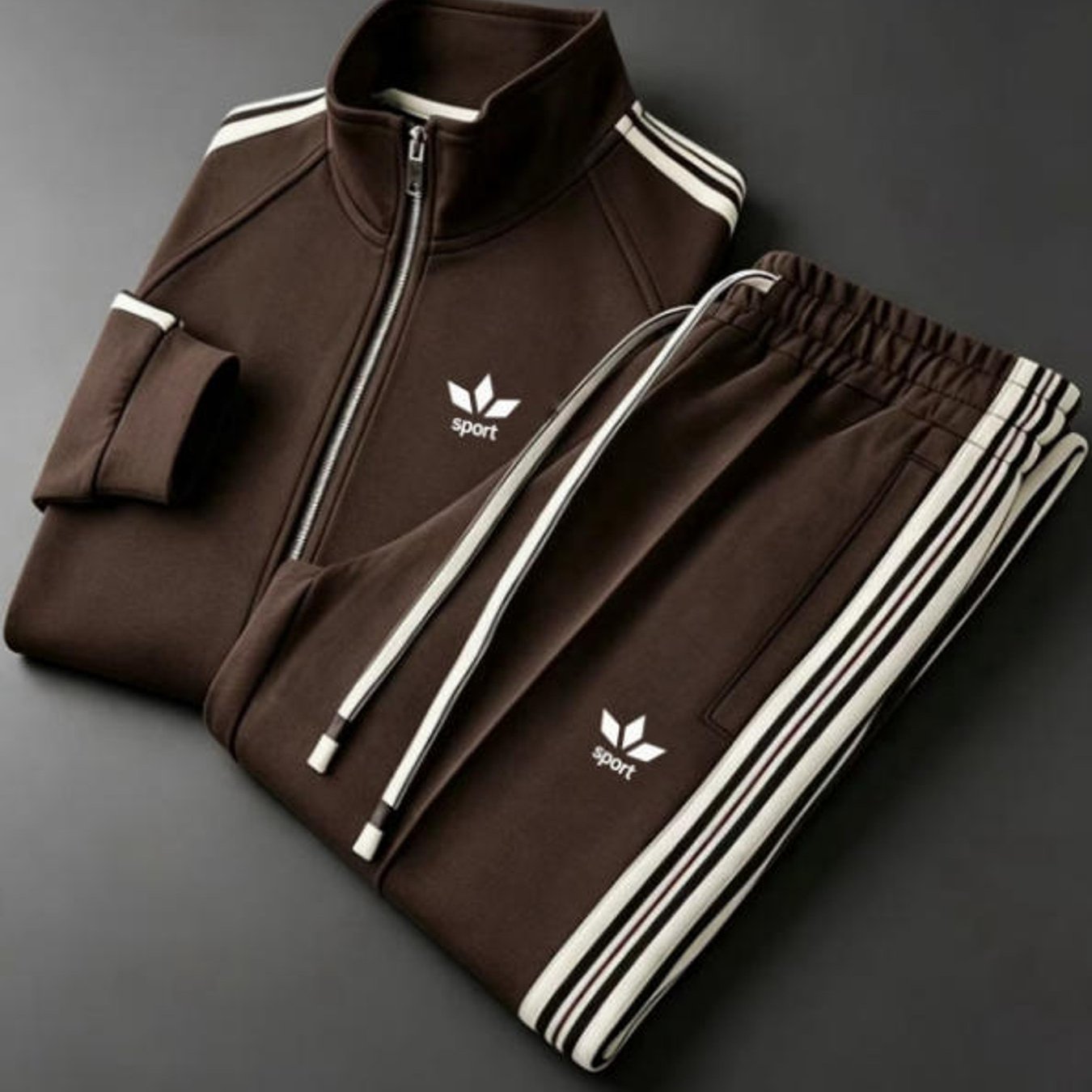 Image of Tracksuit Set For Adults Men Fall Winter Casual Trendy Sporty Stand Collar Zip-up Jacket Striped Pants With Three-leaf Men's Fashion Sportswear Casual Wear Holiday Gift