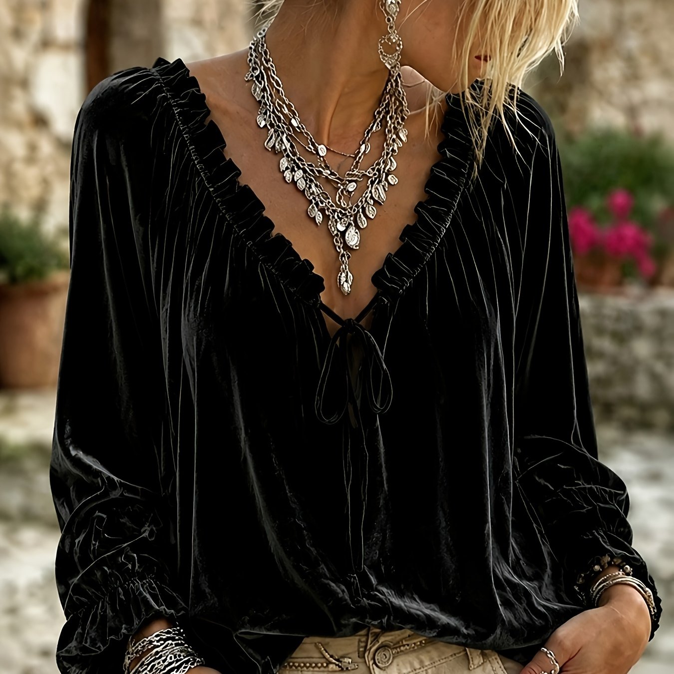 TEMU Chemise décontractée de style bohème pour femme grande taille, à col en V, manches bouffantes à , manches longues, coupe , pour , , les vacances
