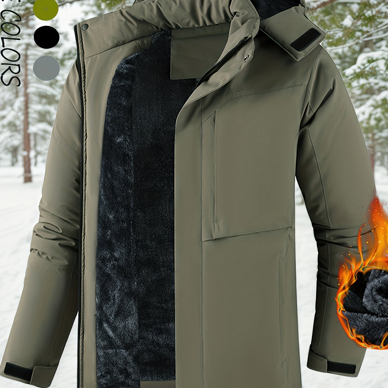 TEMU Men's Padded Jacket Fleece-lined Thickened Warm Mid-length Multi-pocket Coat Winter Warm Removable Hood Suitable For Outdoor Gathering Camping