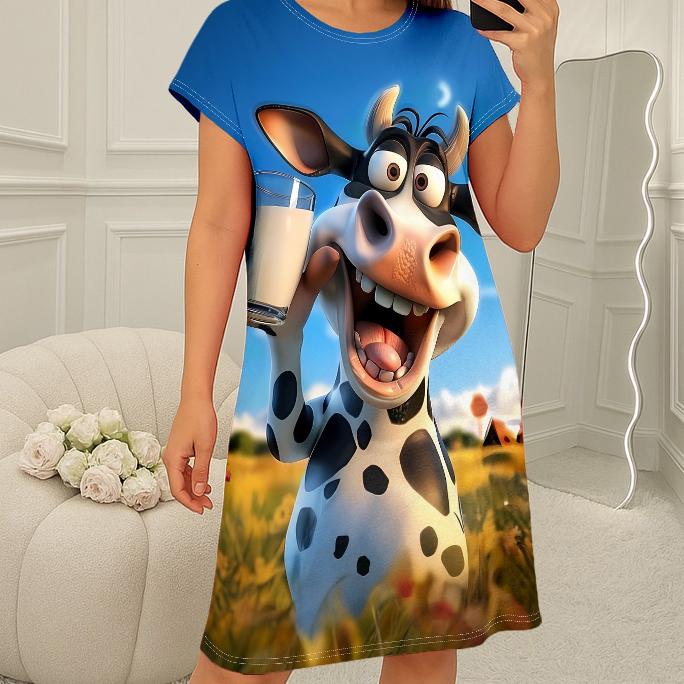 TEMU 1pc Cartoon Cow Pattern Printed Nightgown, Comfortable And Skin-friendly, Suitable For Home Relaxation, , Morning, Weekend Lounging, And , Soft