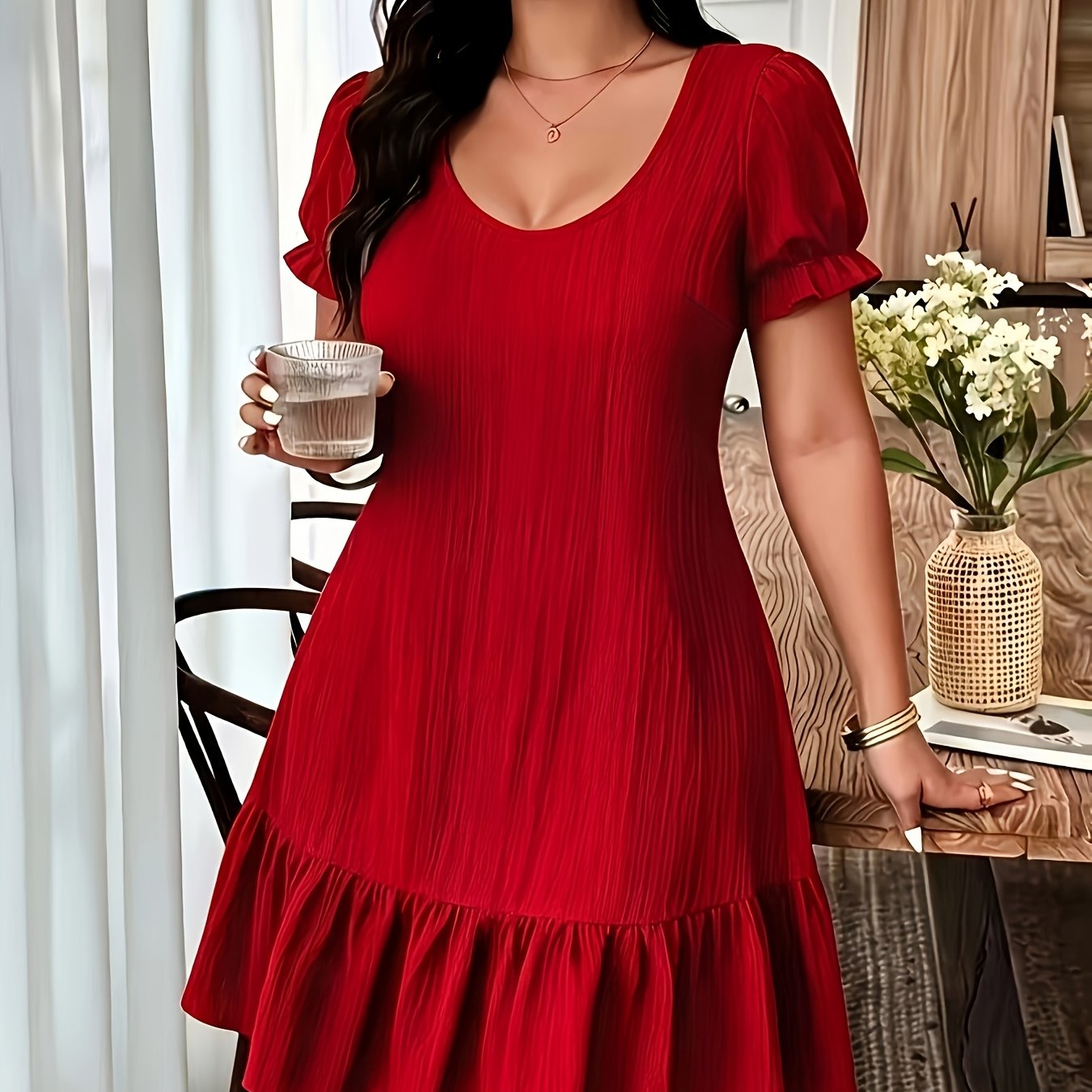 TEMU Spring Summer Solid Color Easy Short Sleeve Beautiful Hem Dress Women's