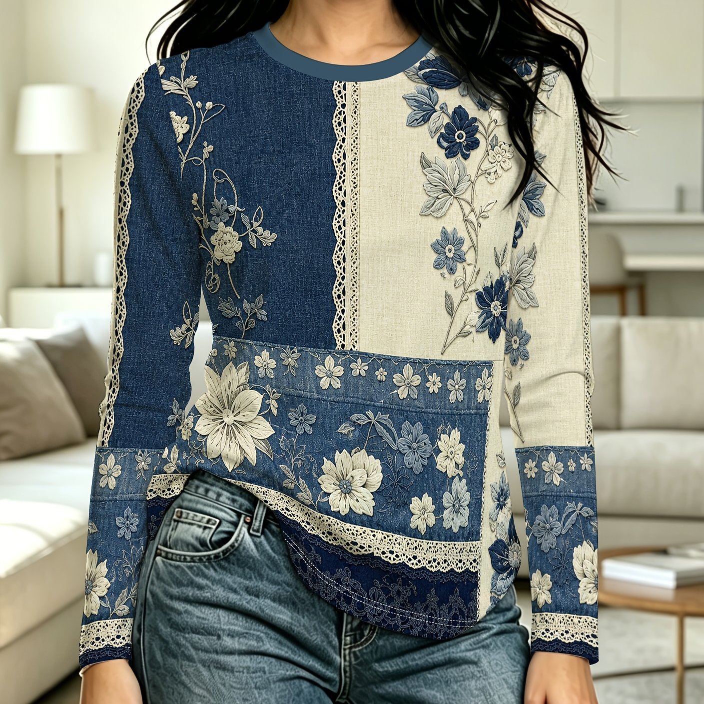 TEMU Women's Vintage Floral Printed Long Sleeve T-shirt, Print Denim Style Contrast Floral Pattern, Lace Trim Decoration, Loose Fit Versatile Style,
